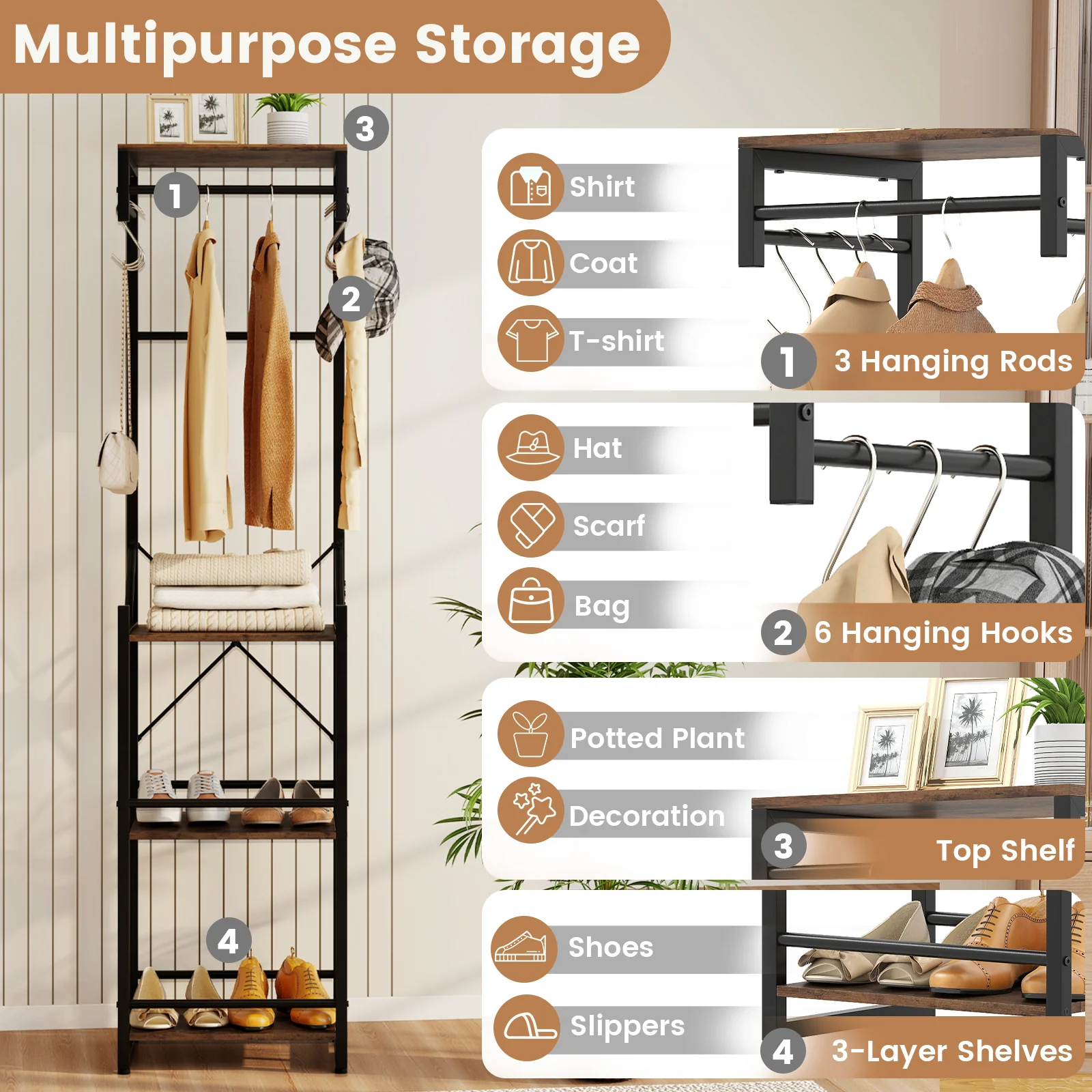 Freestanding Coat Rack, 4 Storage Shelves, 6 Hooks, Brown - Image 7