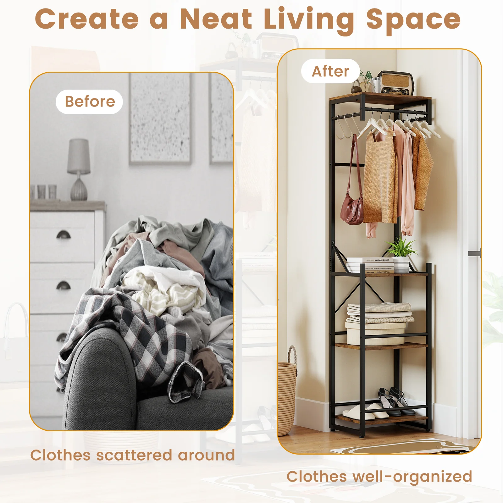 Freestanding Coat Rack, 4 Storage Shelves, 6 Hooks, Brown - Image 8