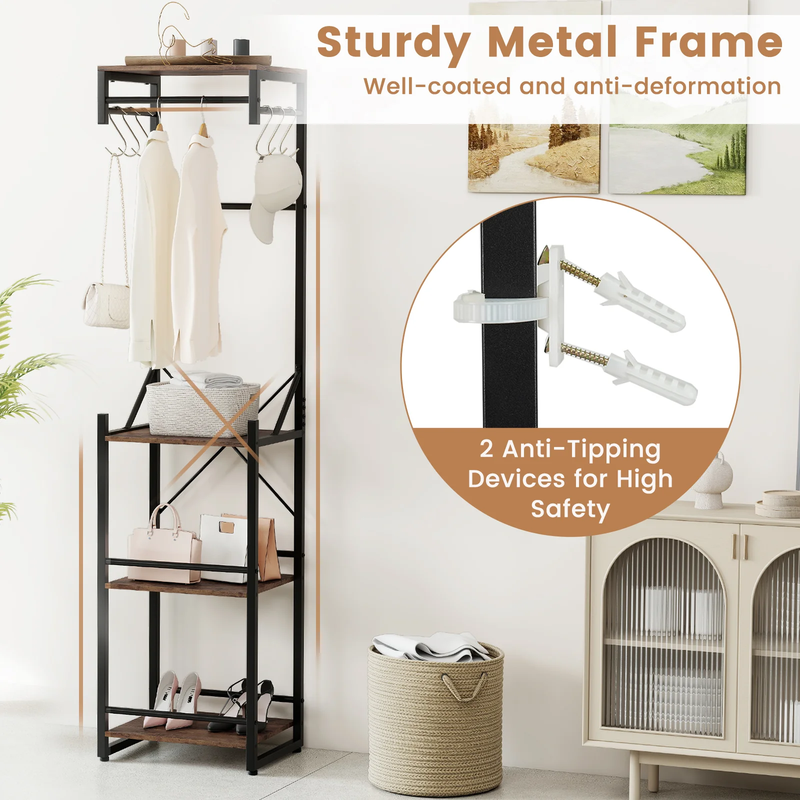 Freestanding Coat Rack, 4 Storage Shelves, 6 Hooks, Brown - Image 9