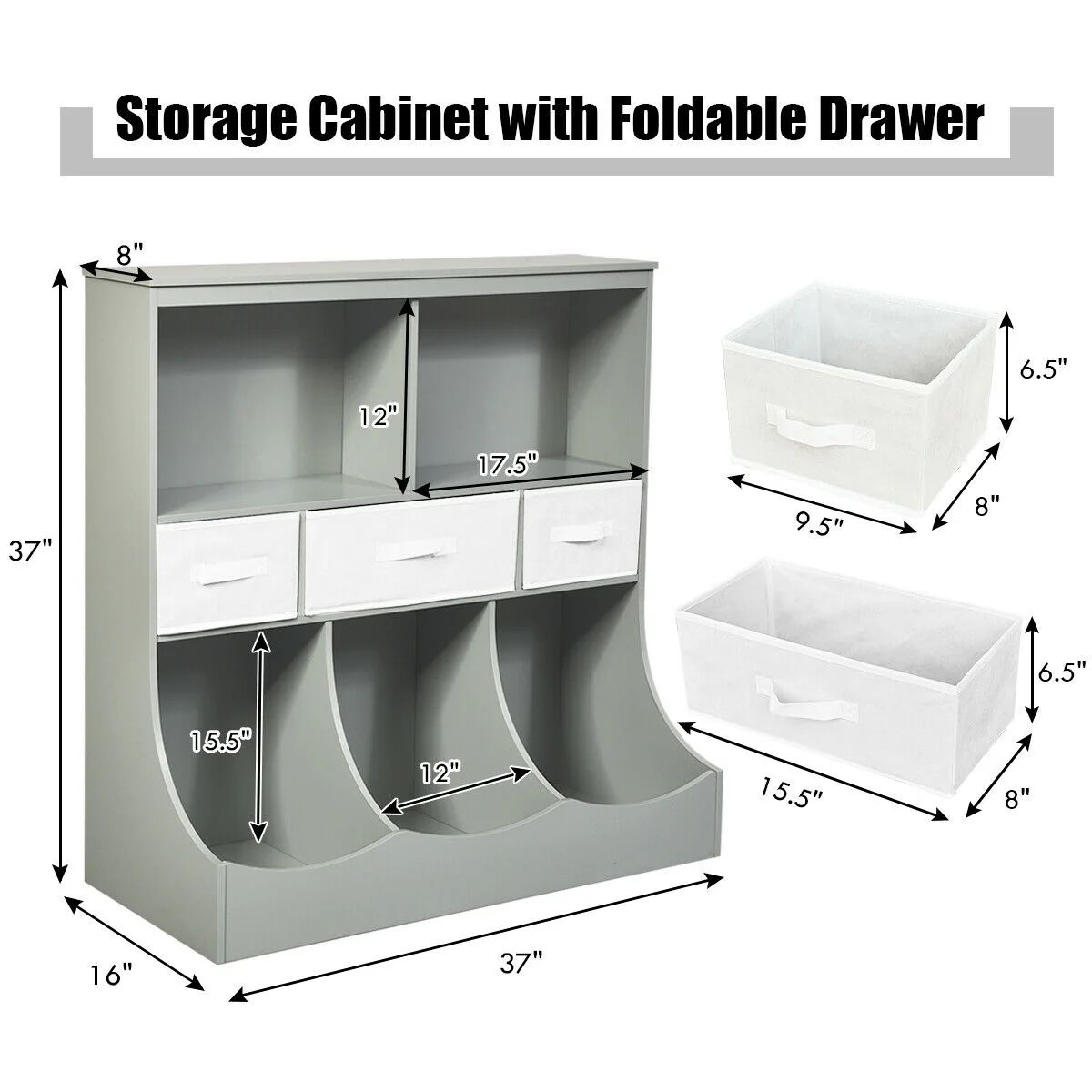 Freestanding Combo Cubby Bin Storage Organizer, 3 Baskets, Gray - Image 5