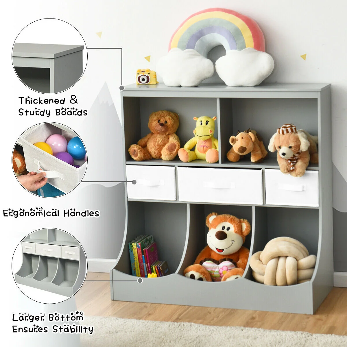 Freestanding Combo Cubby Bin Storage Organizer, 3 Baskets, Gray - Image 6