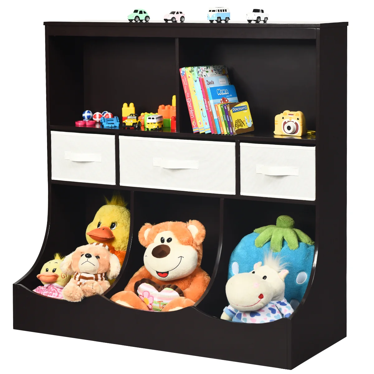 Freestanding Cubby Bin Storage Organizer, 3 Baskets, Brown - Image 10