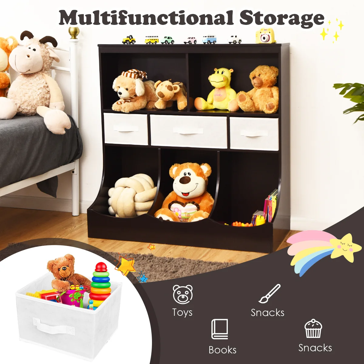 Freestanding Cubby Bin Storage Organizer, 3 Baskets, Brown - Image 3