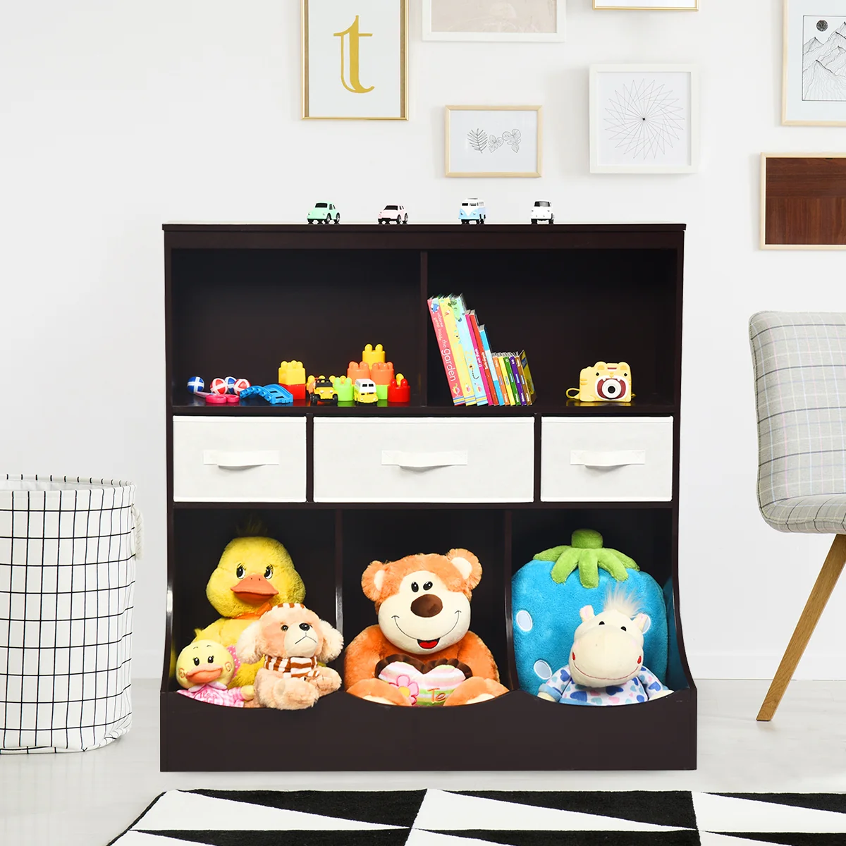 Freestanding Cubby Bin Storage Organizer, 3 Baskets, Brown - Image 8