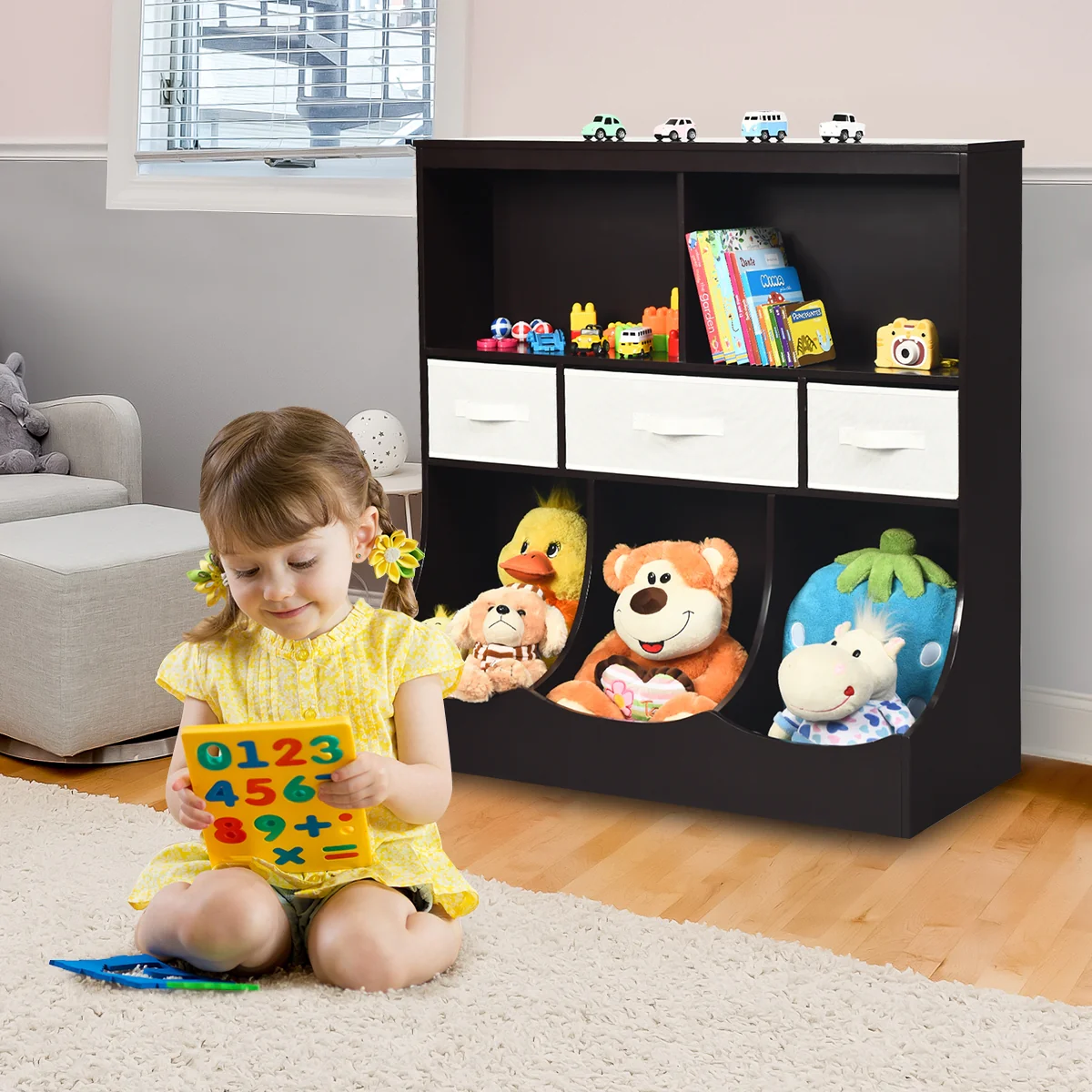Freestanding Cubby Bin Storage Organizer, 3 Baskets, Brown - Image 9