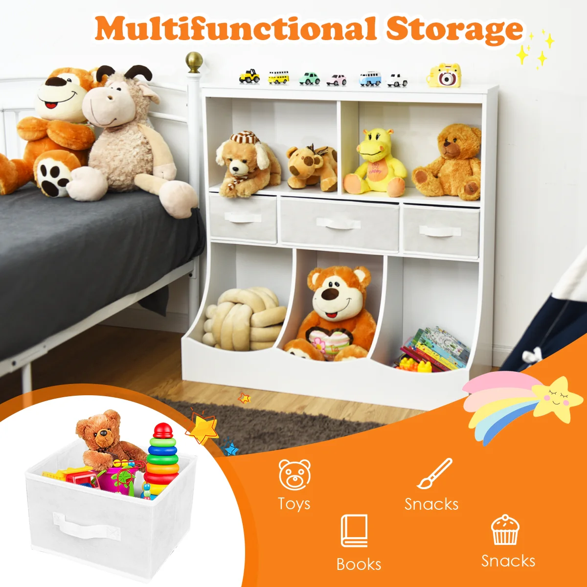 Freestanding Cubby Bin Storage Organizer, 3 Baskets, White - Image 3