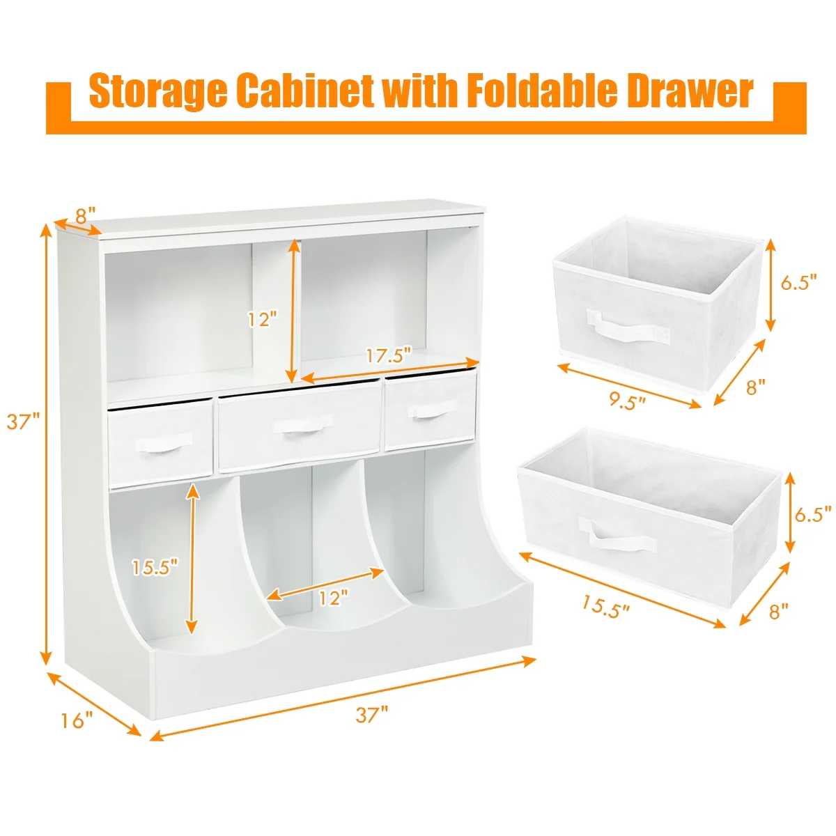 Freestanding Cubby Bin Storage Organizer, 3 Baskets, White - Image 5