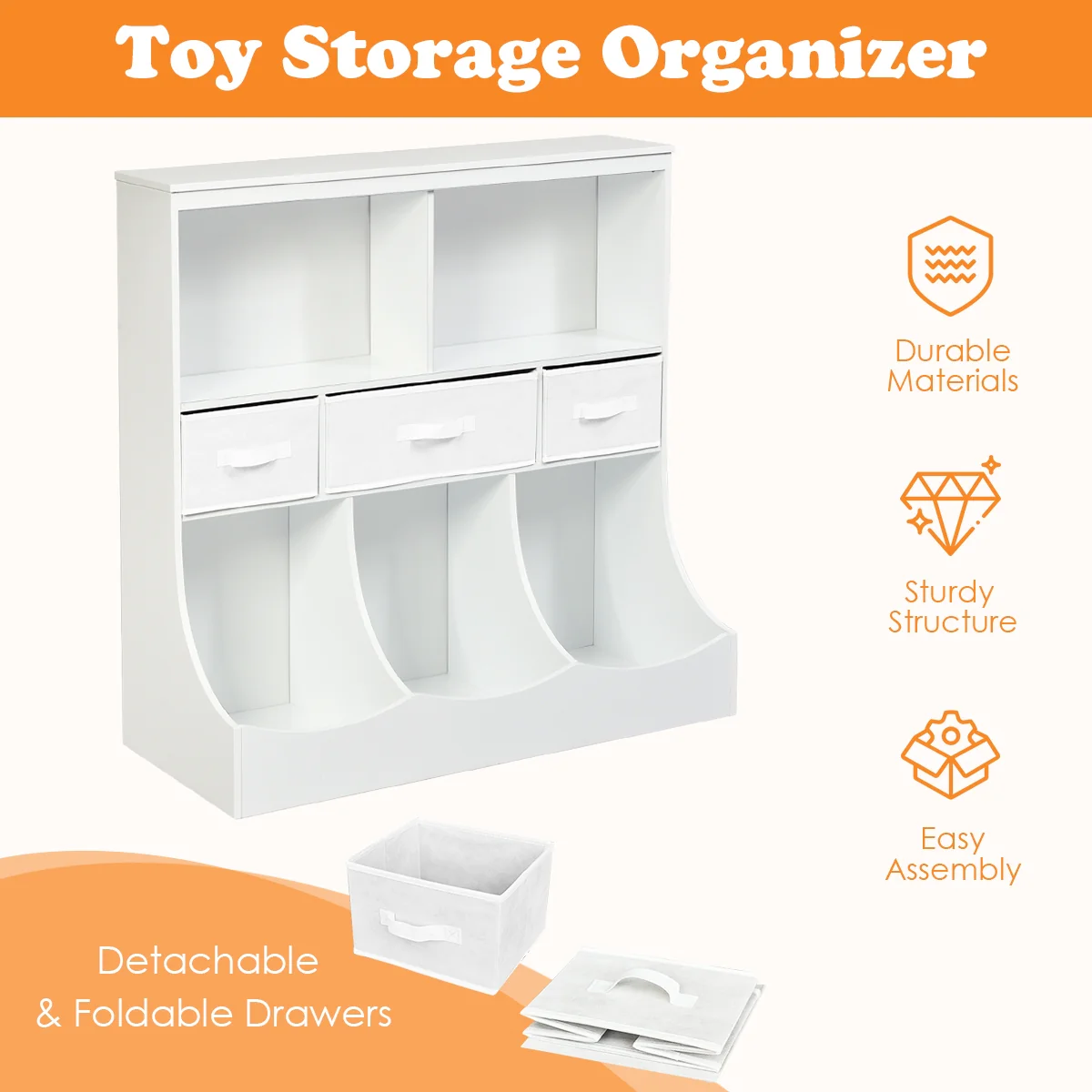 Freestanding Cubby Bin Storage Organizer, 3 Baskets, White - Image 6