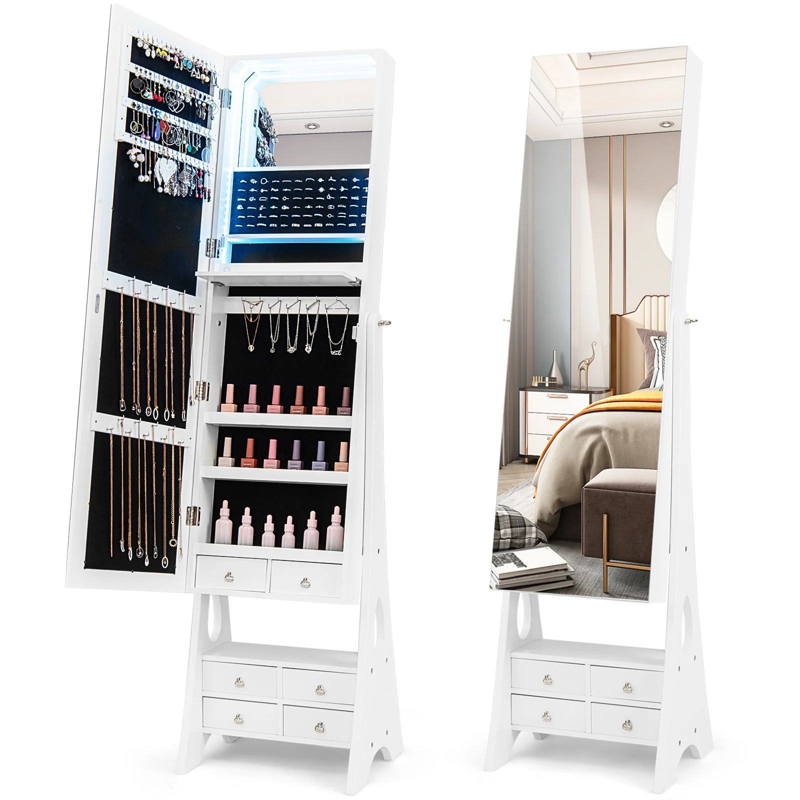 Freestanding Full Length LED Jewelry Armoire, 6 Drawers, White