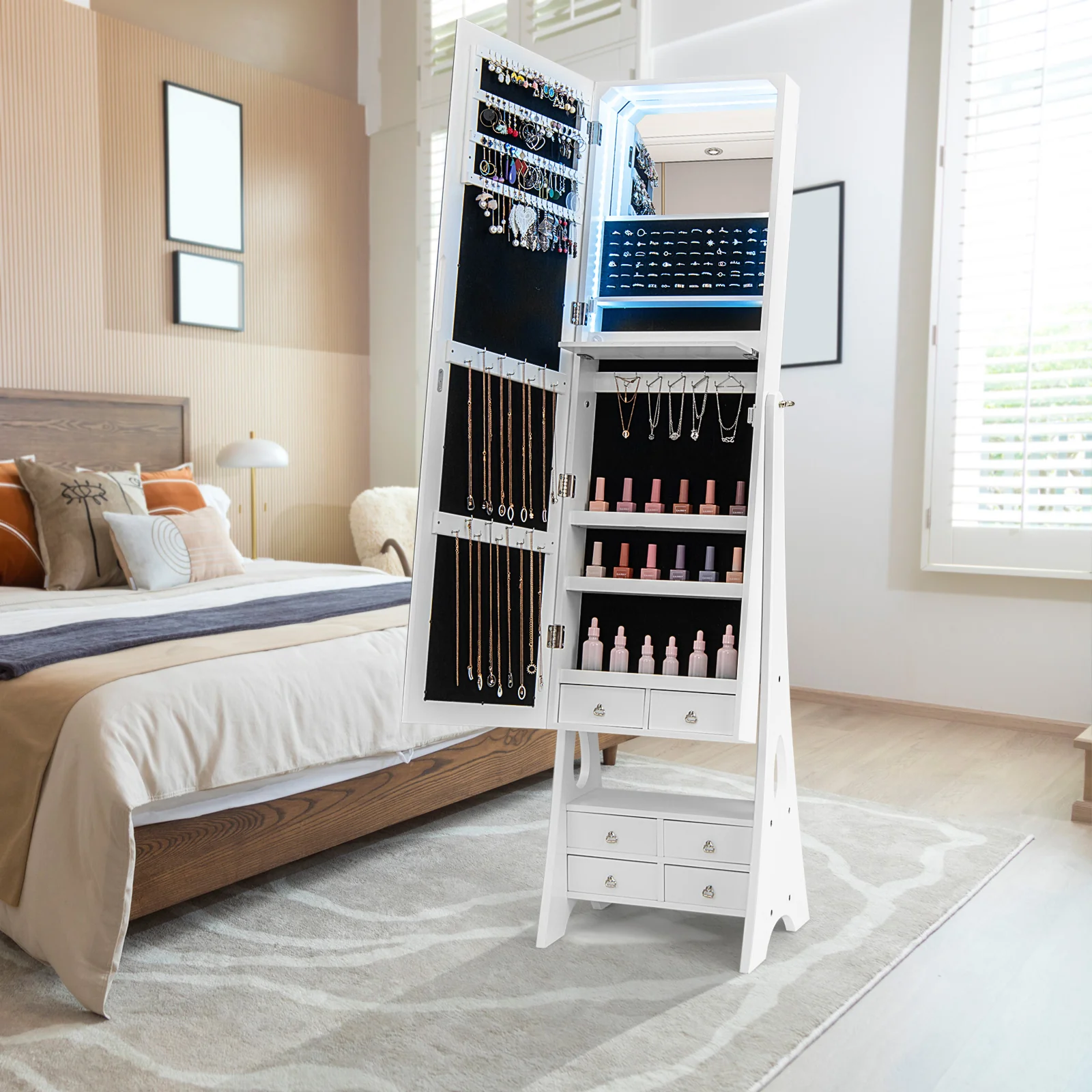 Freestanding Full Length LED Jewelry Armoire, 6 Drawers, White - Image 2