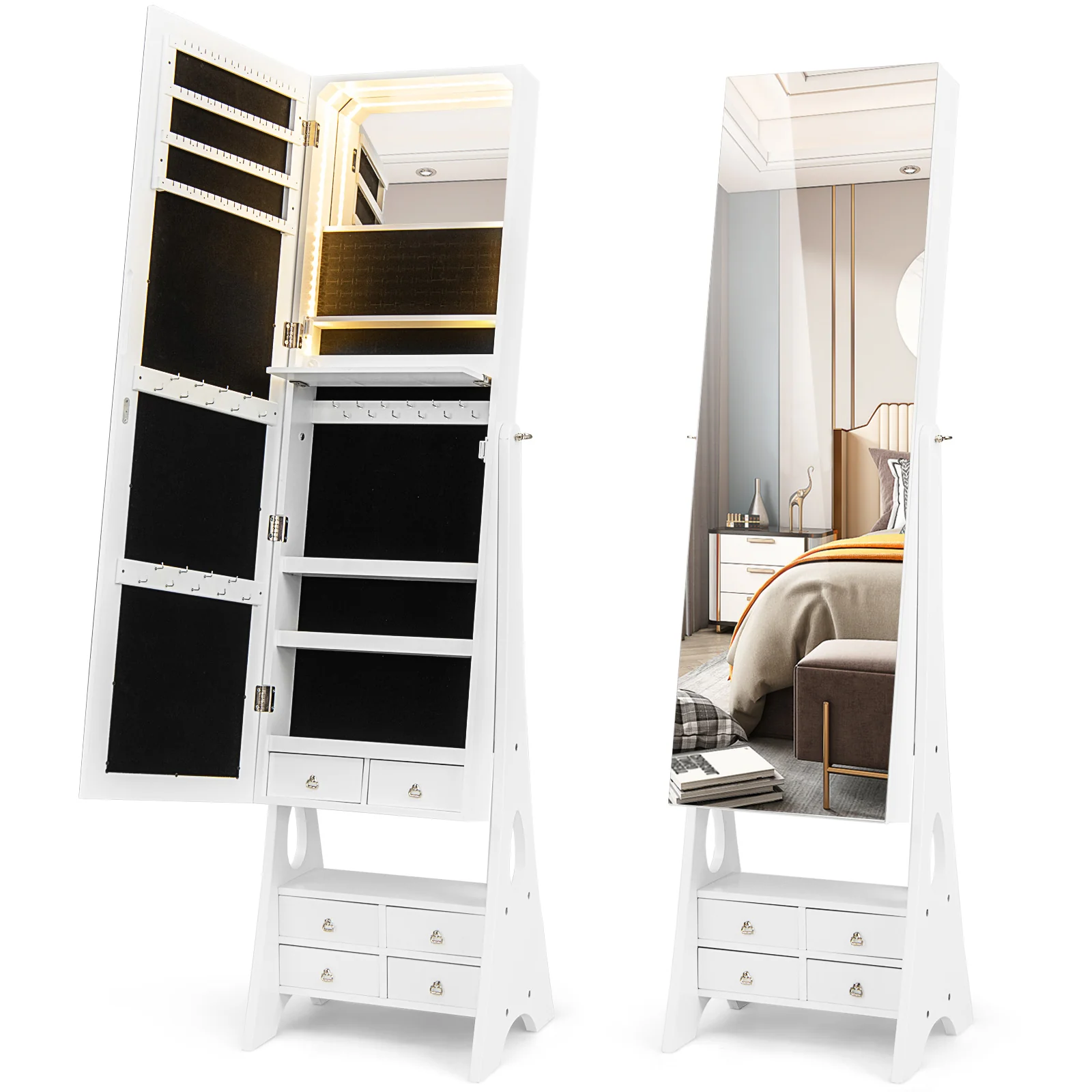 Freestanding Full Length LED Jewelry Armoire, 6 Drawers, White - Image 5