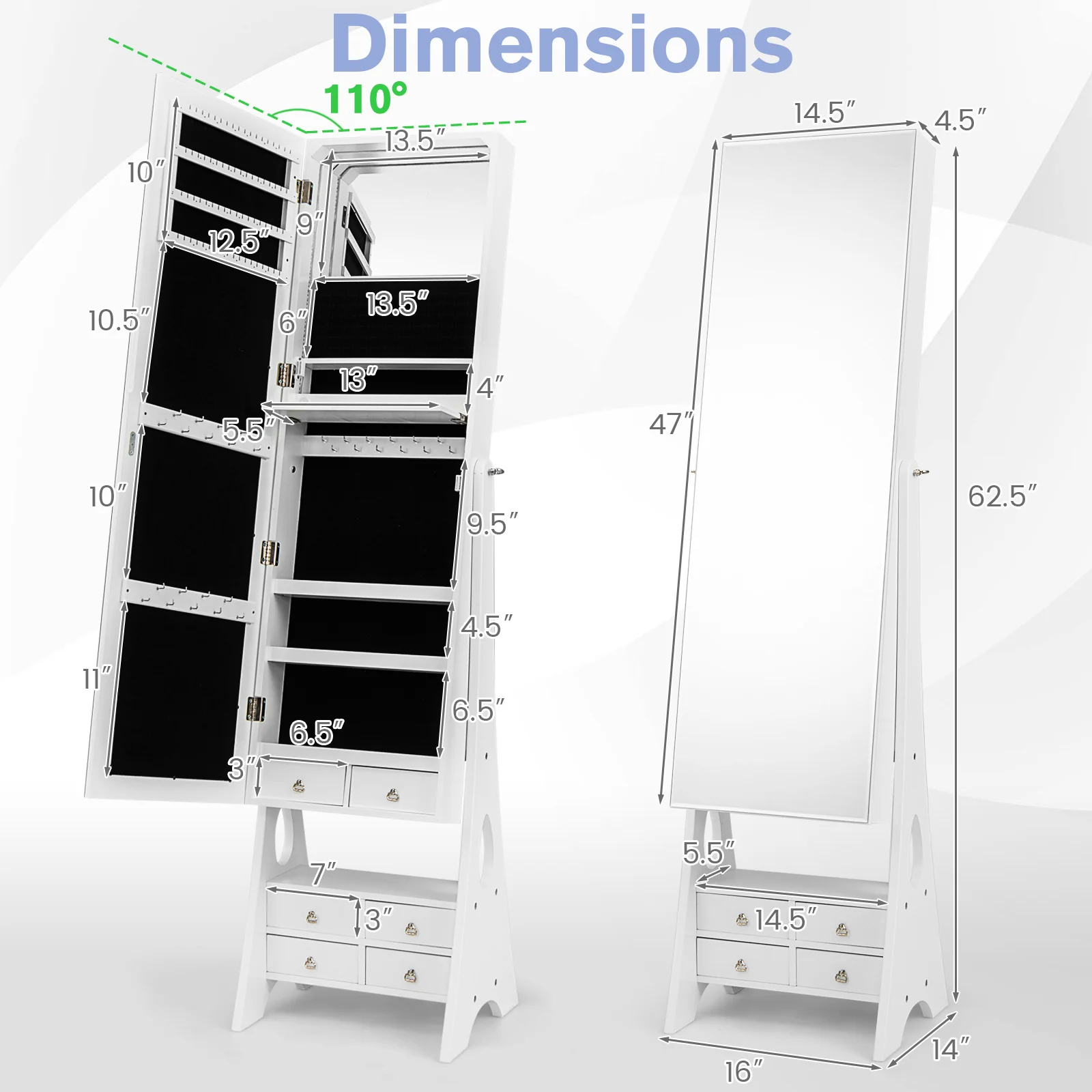 Freestanding Full Length LED Jewelry Armoire, 6 Drawers, White - Image 6