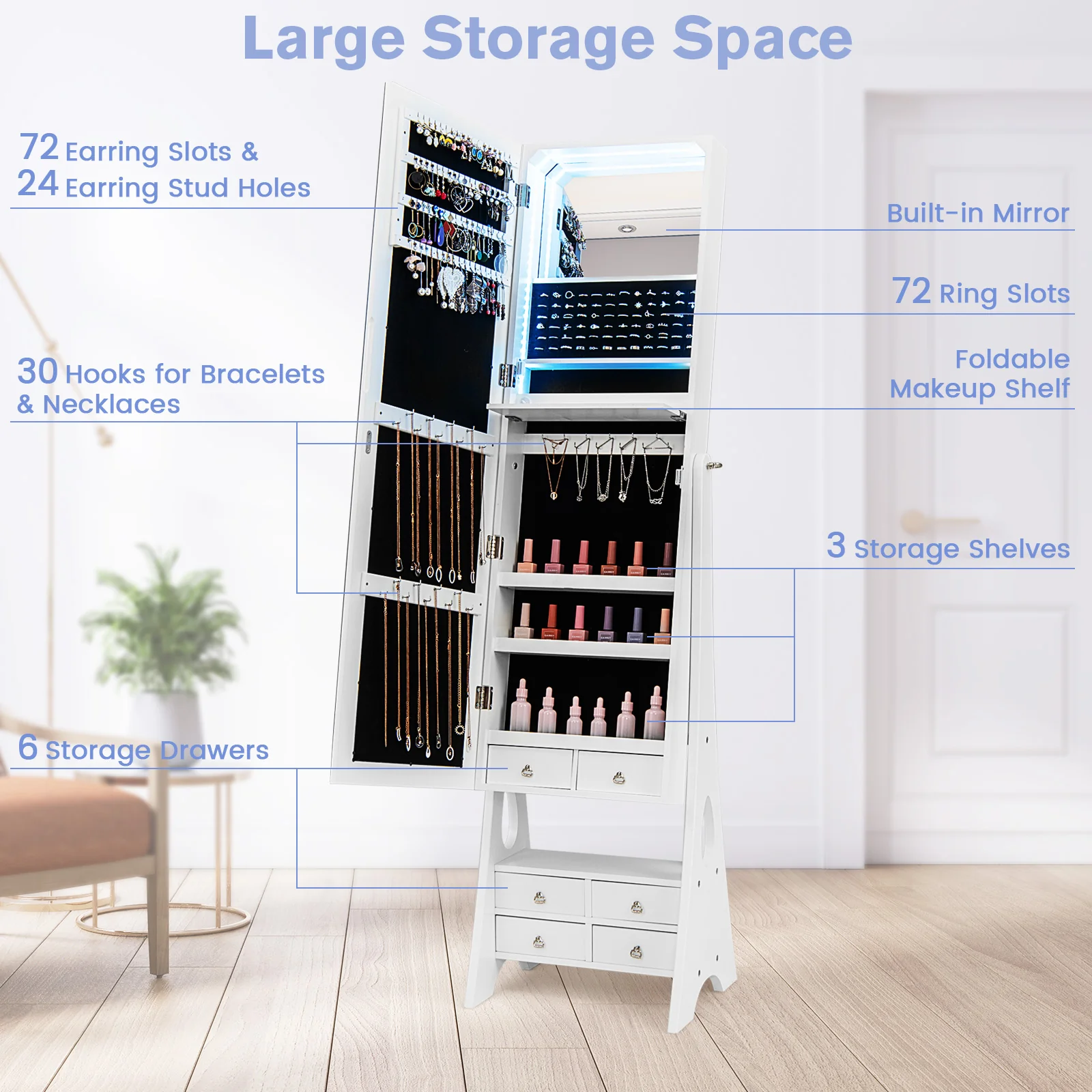 Freestanding Full Length LED Jewelry Armoire, 6 Drawers, White - Image 8