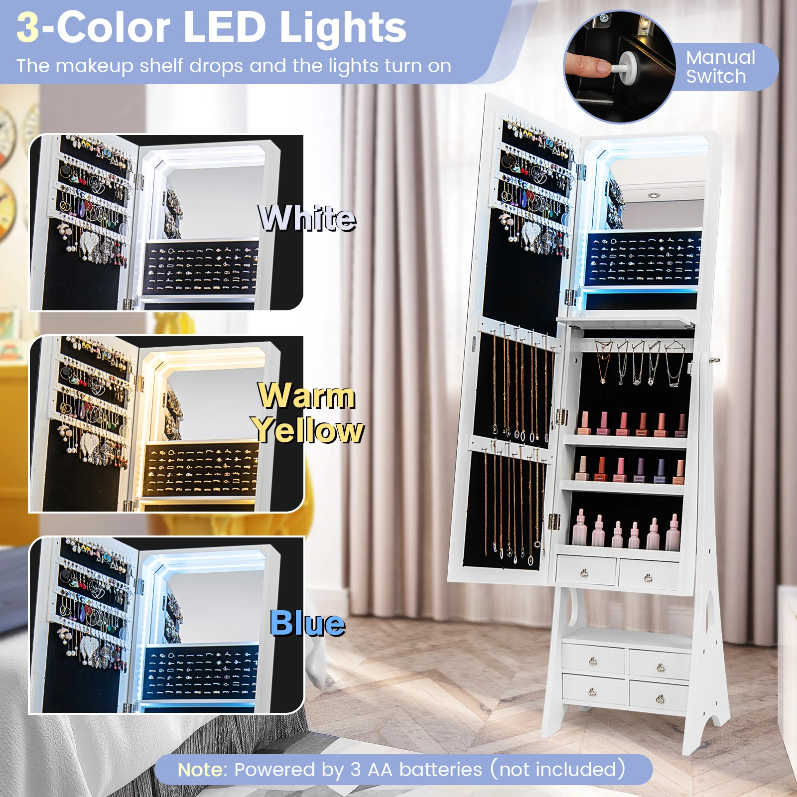 Freestanding Full Length LED Jewelry Armoire, 6 Drawers, White - Image 9