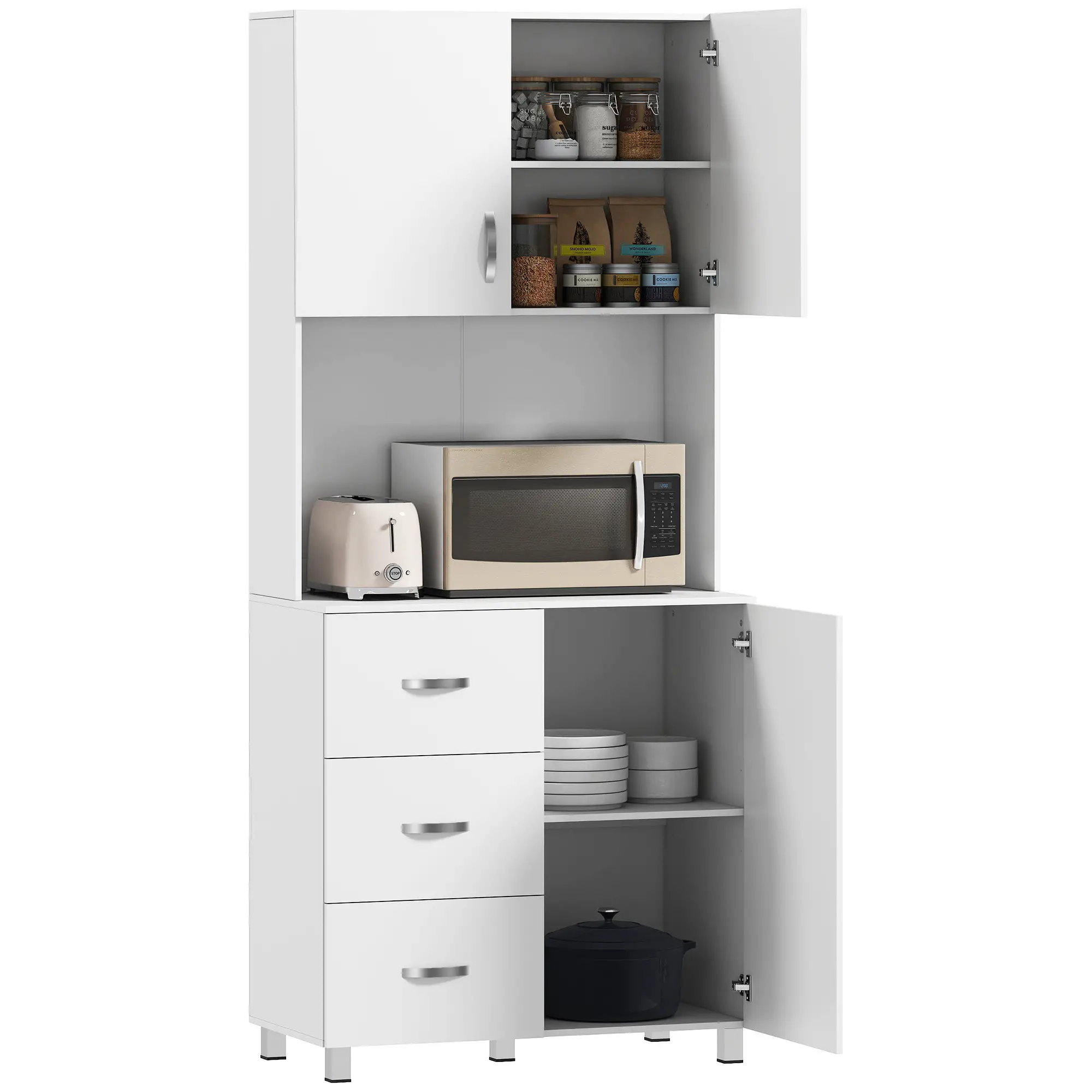 Freestanding Kitchen Buffet, Hutch Storage, 2 Door Cabinets, 3 Drawers, White