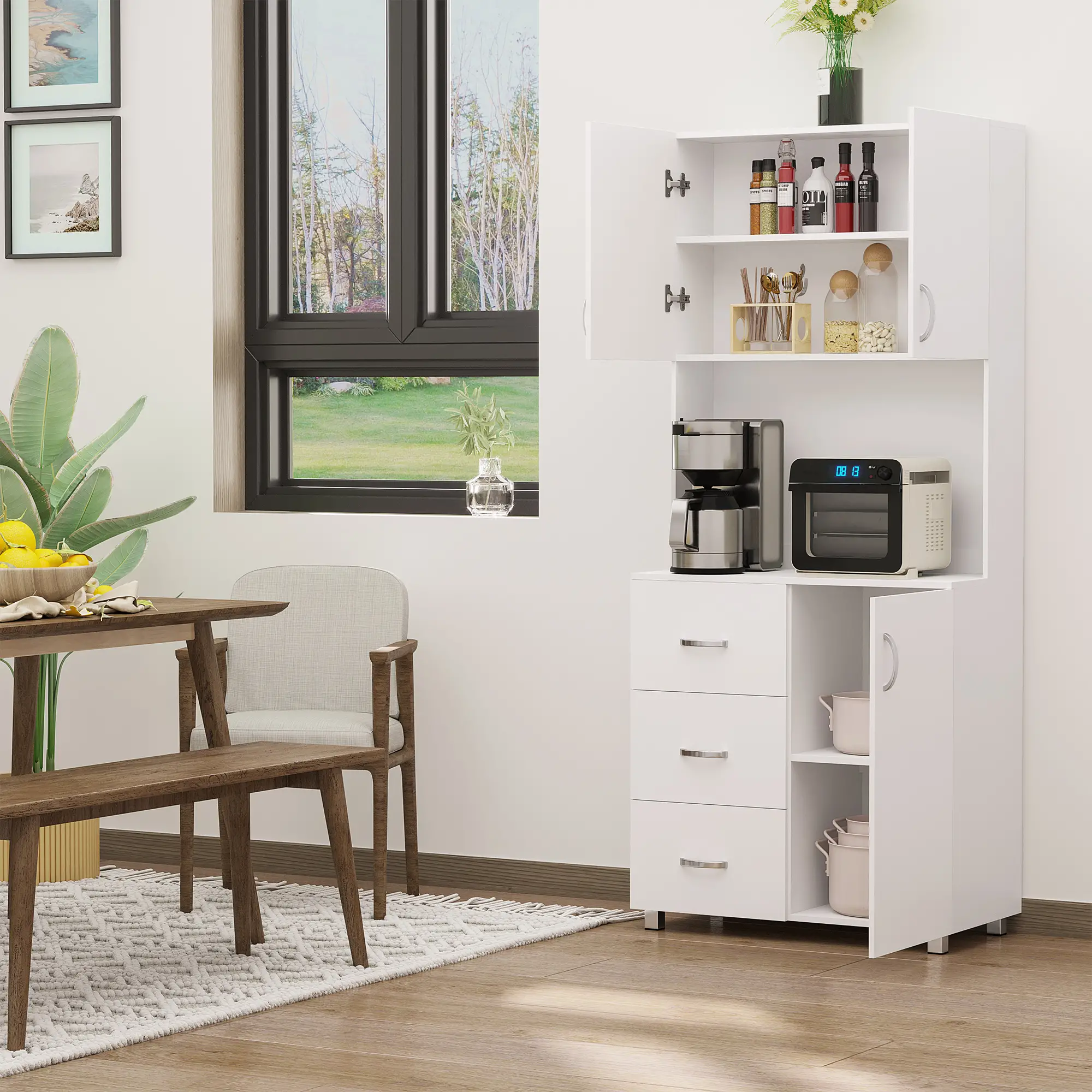 Freestanding Kitchen Buffet, Hutch Storage, 2 Door Cabinets, 3 Drawers, White - Image 2