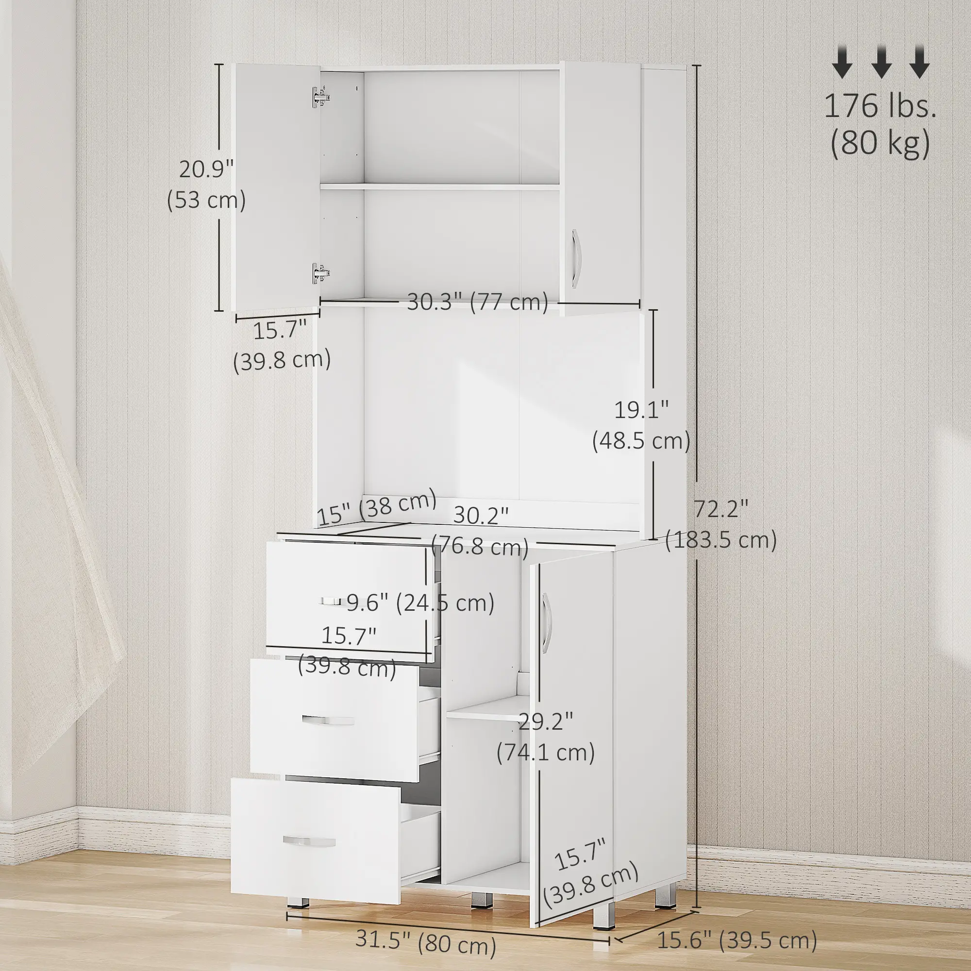 Freestanding Kitchen Buffet, Hutch Storage, 2 Door Cabinets, 3 Drawers, White - Image 3