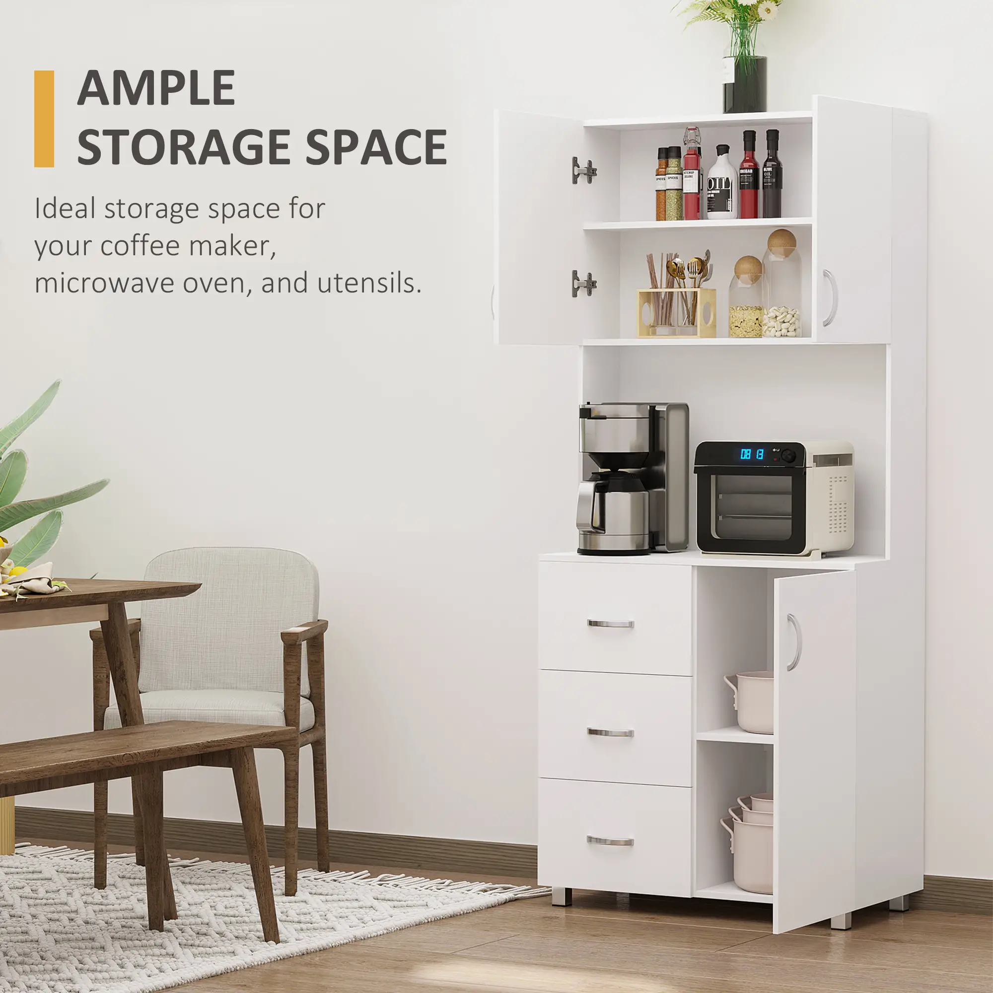 Freestanding Kitchen Buffet, Hutch Storage, 2 Door Cabinets, 3 Drawers, White - Image 4