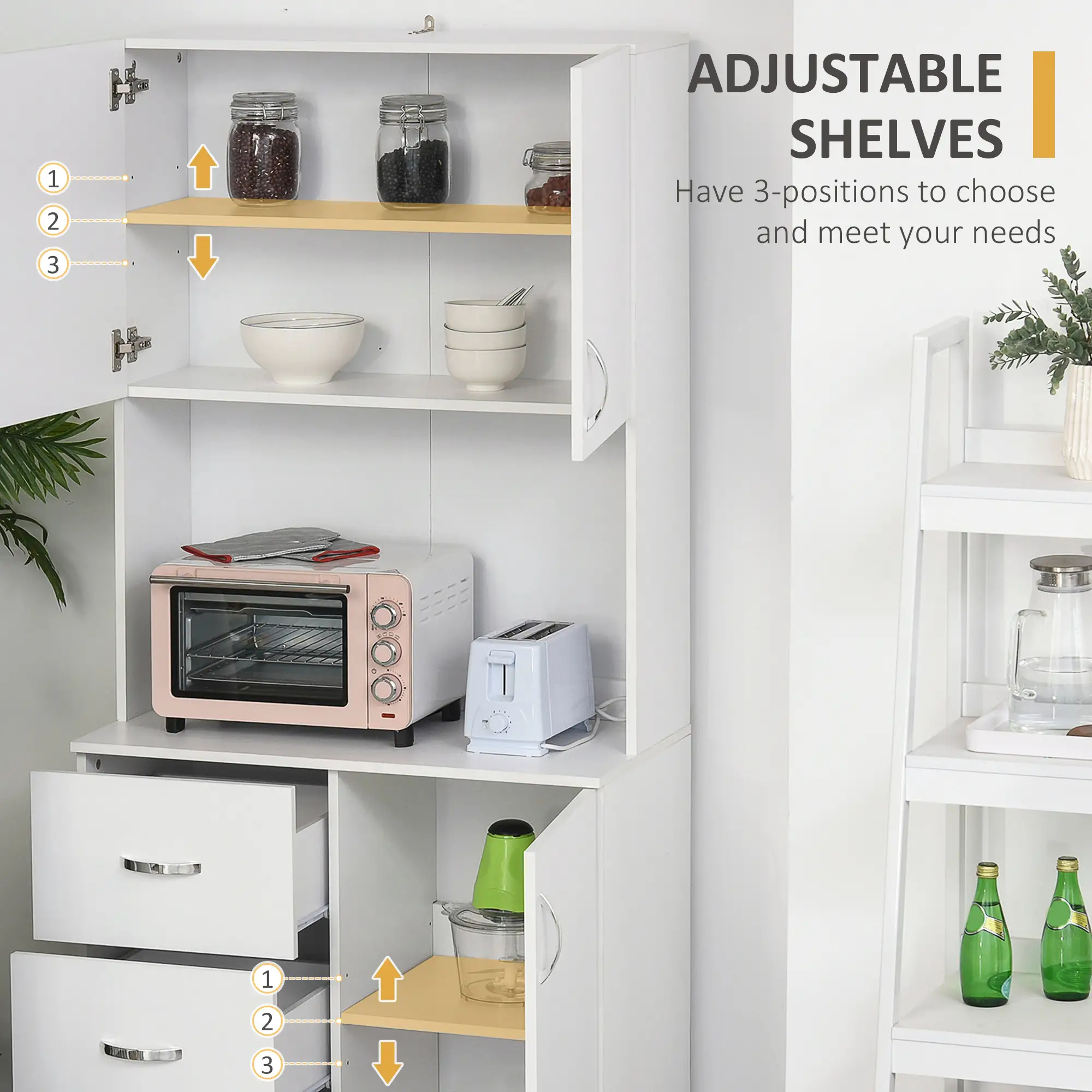Freestanding Kitchen Buffet, Hutch Storage, 2 Door Cabinets, 3 Drawers, White - Image 5