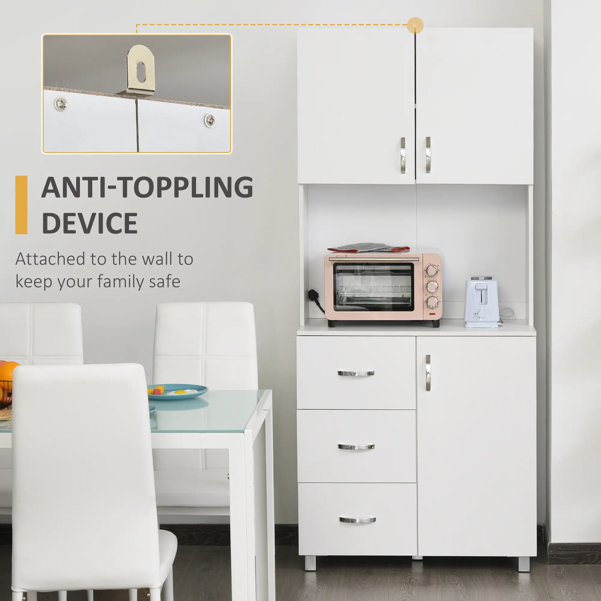 Freestanding Kitchen Buffet, Hutch Storage, 2 Door Cabinets, 3 Drawers, White - Image 7