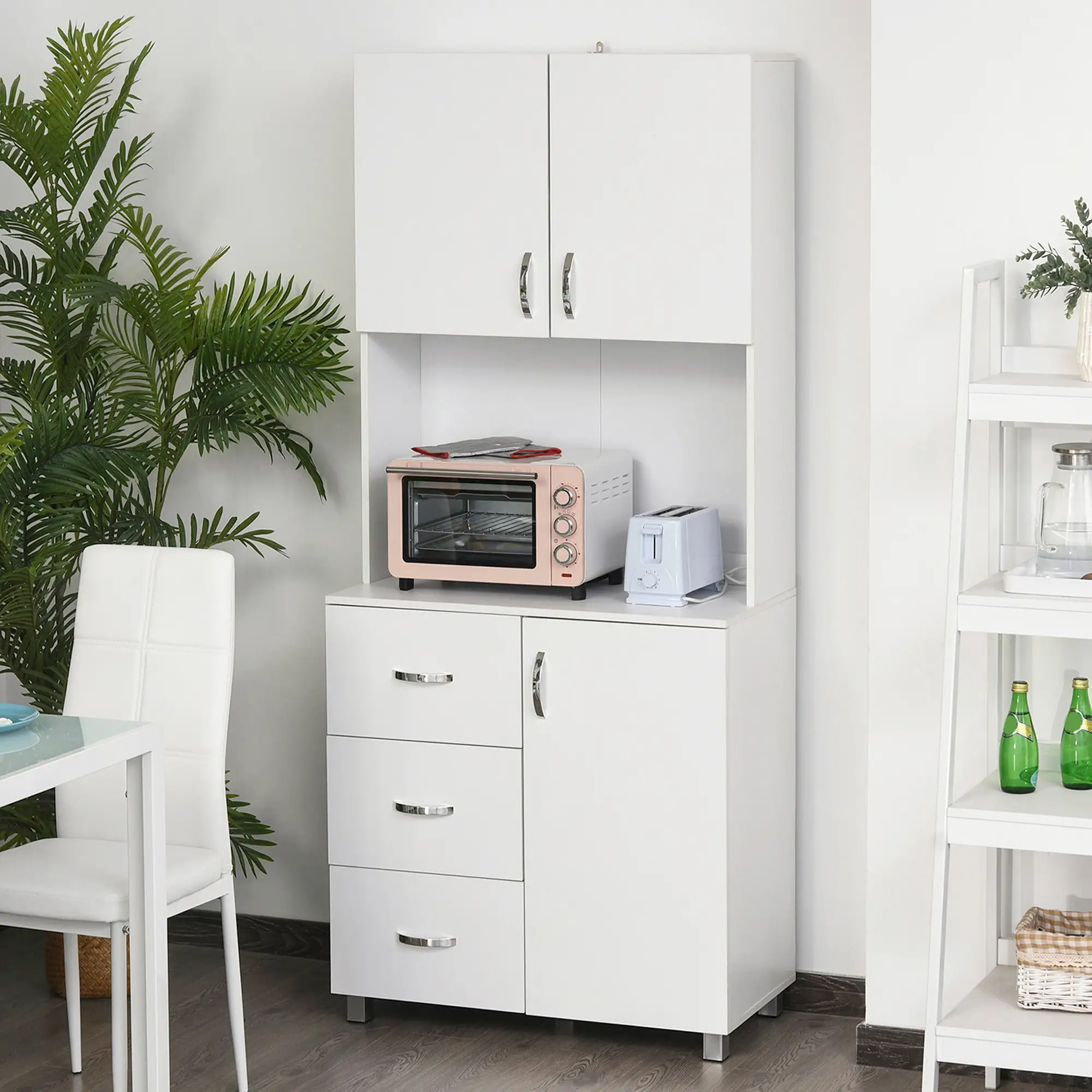 Freestanding Kitchen Buffet, Hutch Storage, 2 Door Cabinets, 3 Drawers, White - Image 8