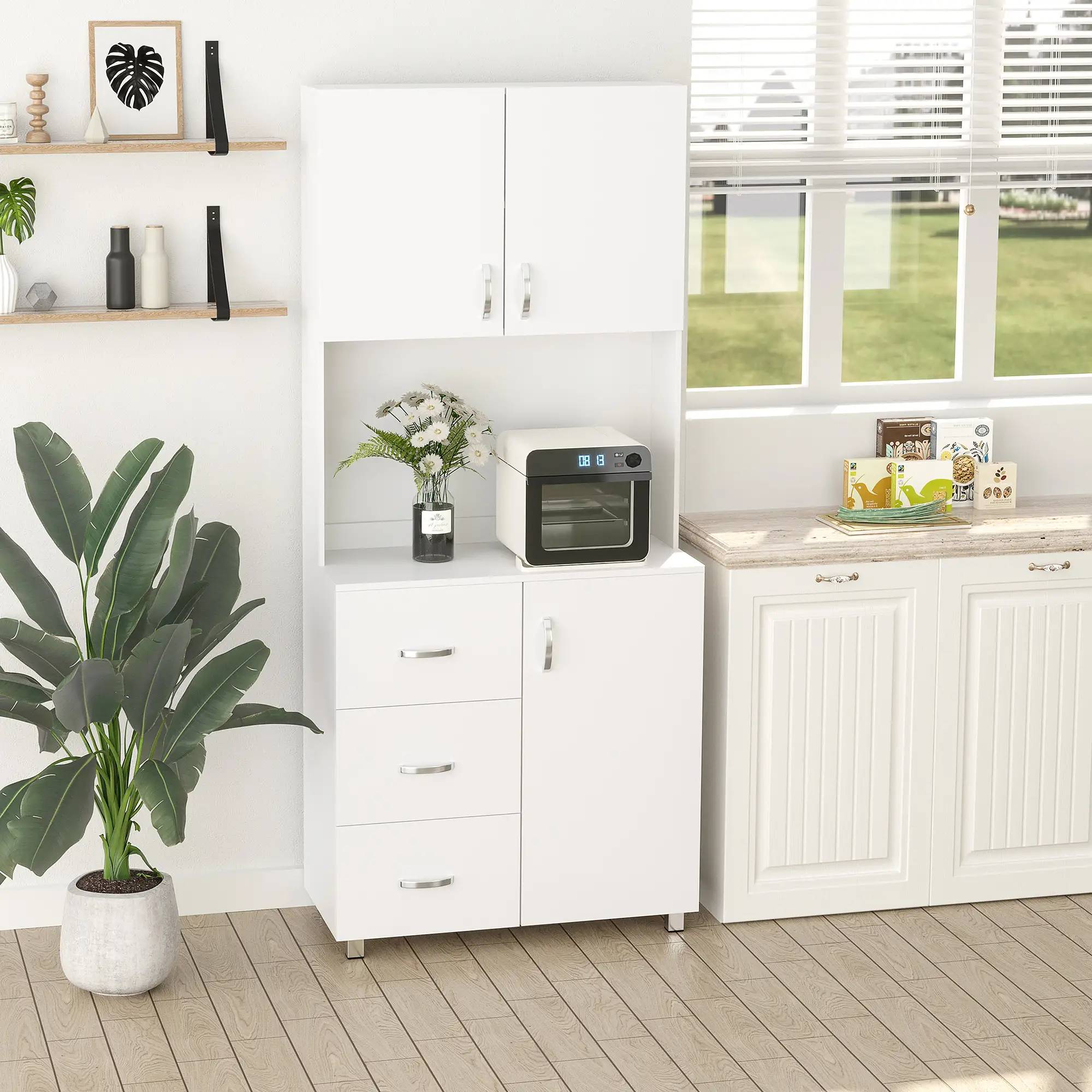 Freestanding Kitchen Buffet, Hutch Storage, 2 Door Cabinets, 3 Drawers, White - Image 9