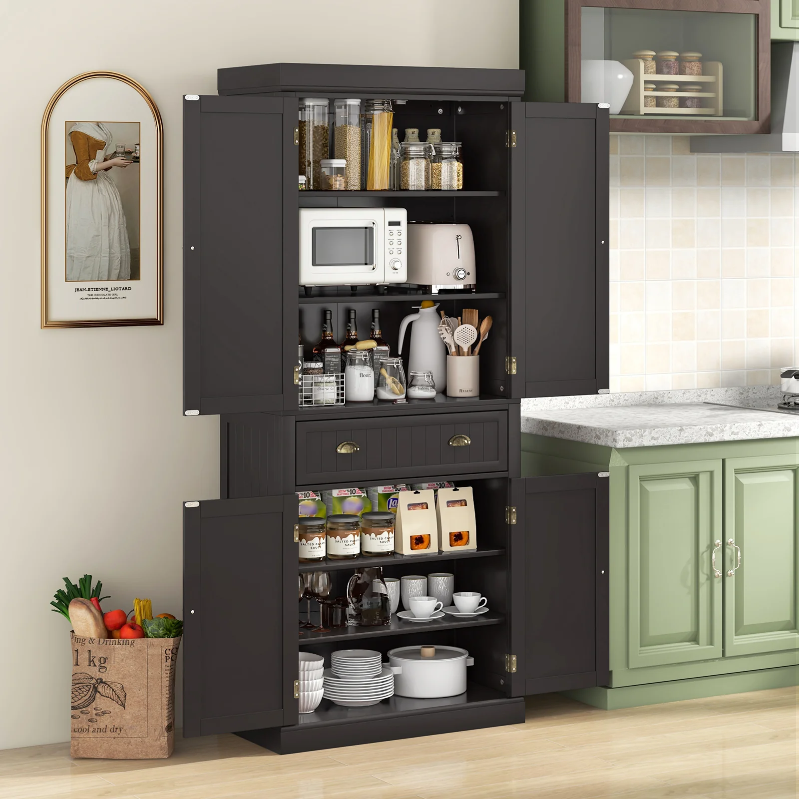 Freestanding Kitchen Cabinet With Adjustable Shelves, Dark Brown - Image 2
