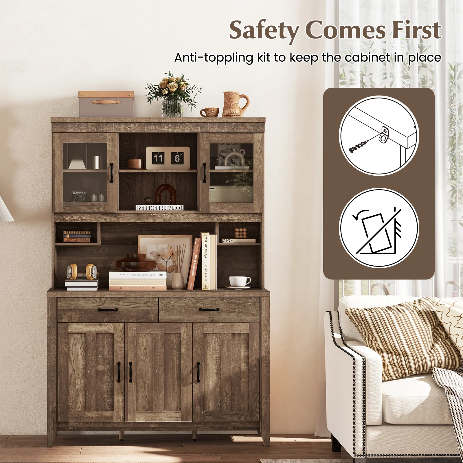 Freestanding Kitchen Hutch Cabinet, Microwave Countertop, Brown - Image 10
