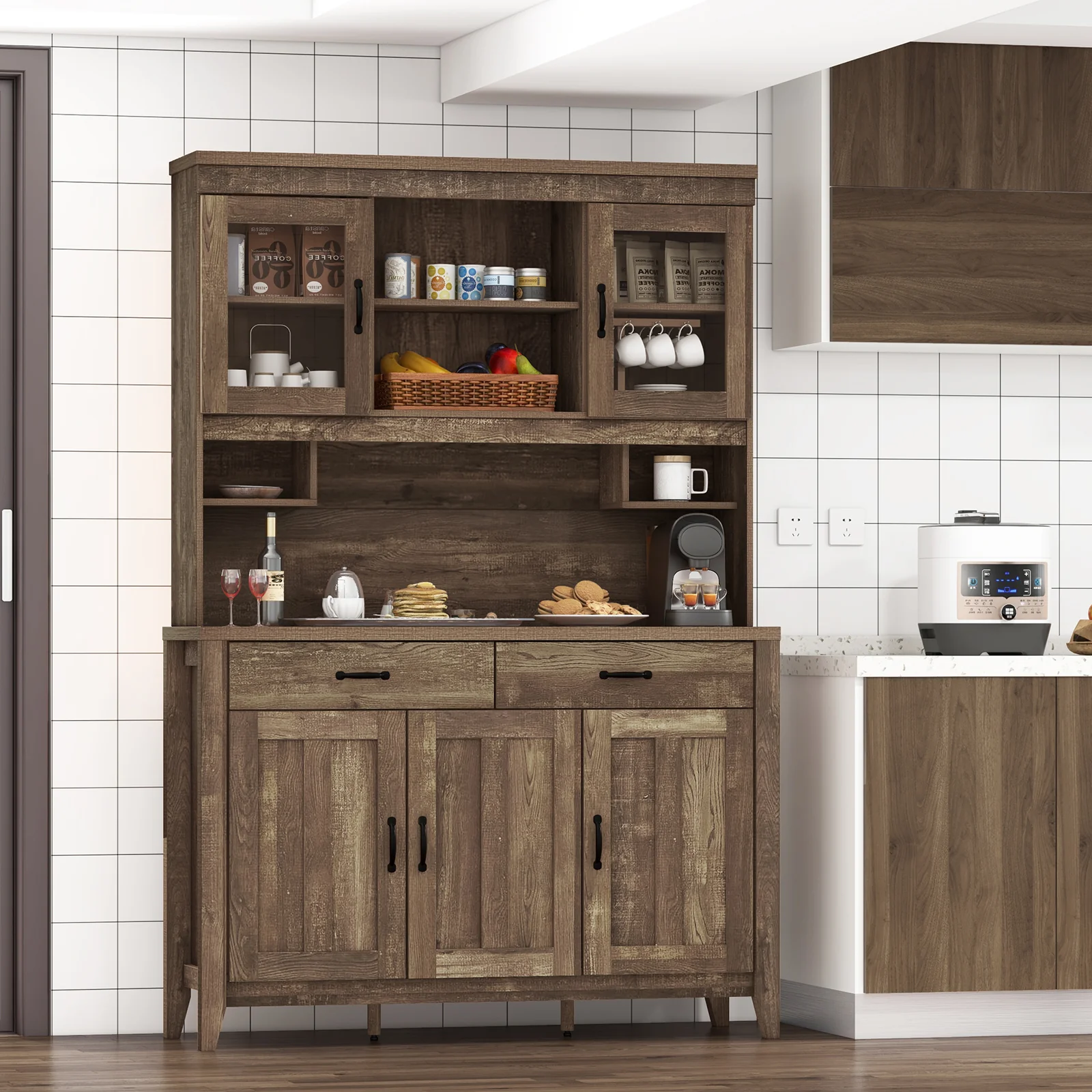 Freestanding Kitchen Hutch Cabinet, Microwave Countertop, Brown - Image 2