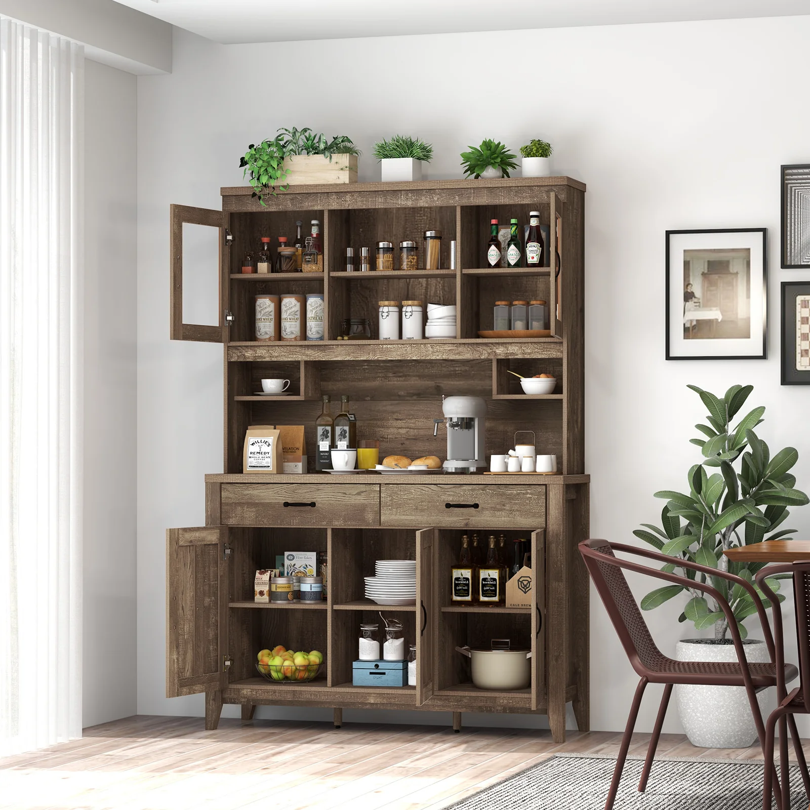 Freestanding Kitchen Hutch Cabinet, Microwave Countertop, Brown - Image 3