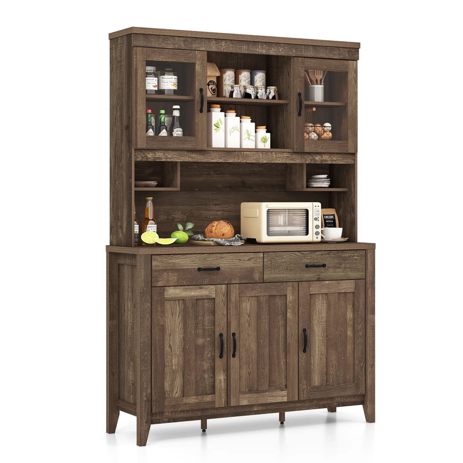 Freestanding Kitchen Hutch Cabinet, Microwave Countertop, Brown - Image 5