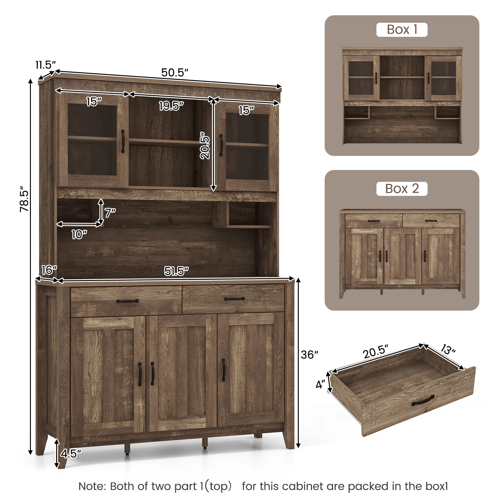 Freestanding Kitchen Hutch Cabinet, Microwave Countertop, Brown - Image 6