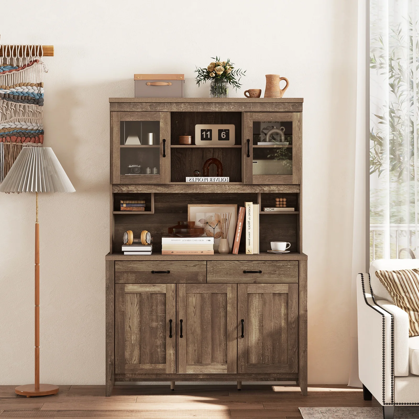 Freestanding Kitchen Hutch Cabinet, Microwave Countertop, Brown - Image 7