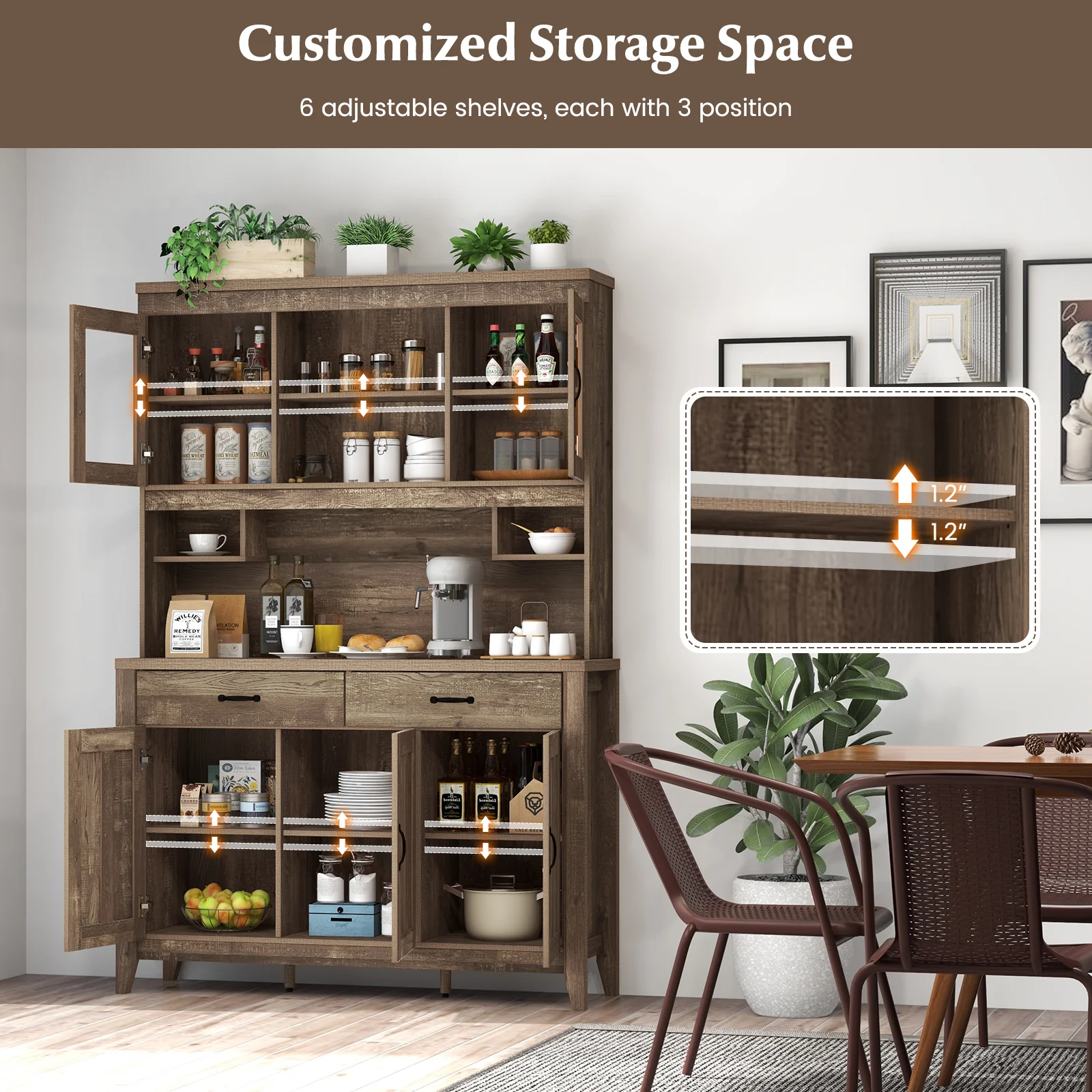 Freestanding Kitchen Hutch Cabinet, Microwave Countertop, Brown - Image 8