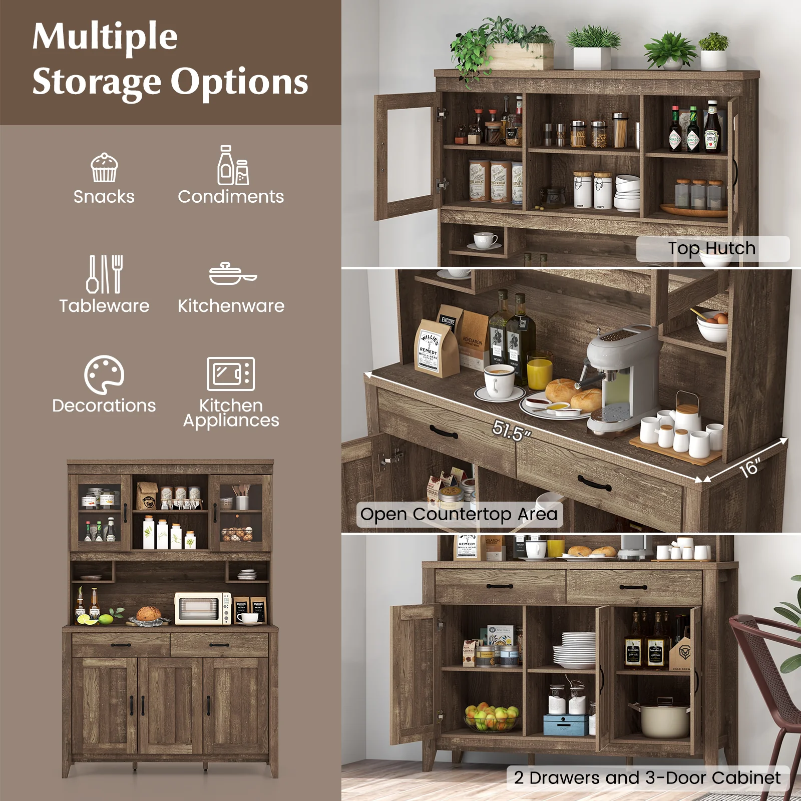 Freestanding Kitchen Hutch Cabinet, Microwave Countertop, Brown - Image 9