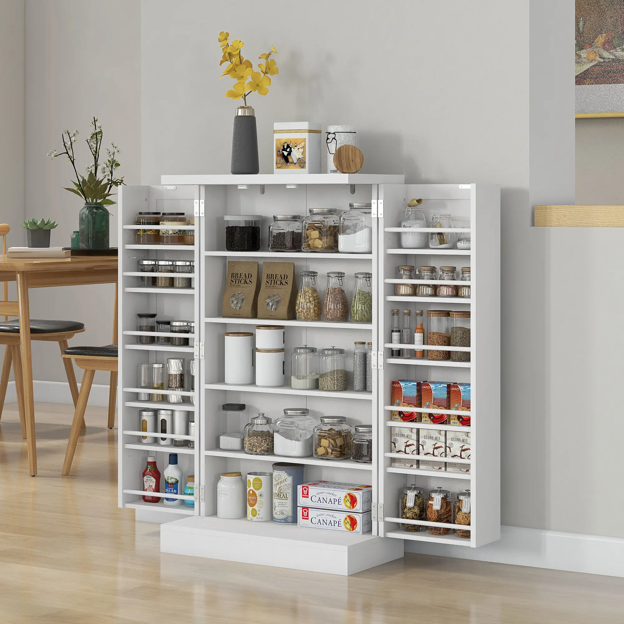 Freestanding Kitchen Pantry Cabinet, 5-Tier Shelf, 12 Spice Racks, Adjustable Shelves, White - Image 2