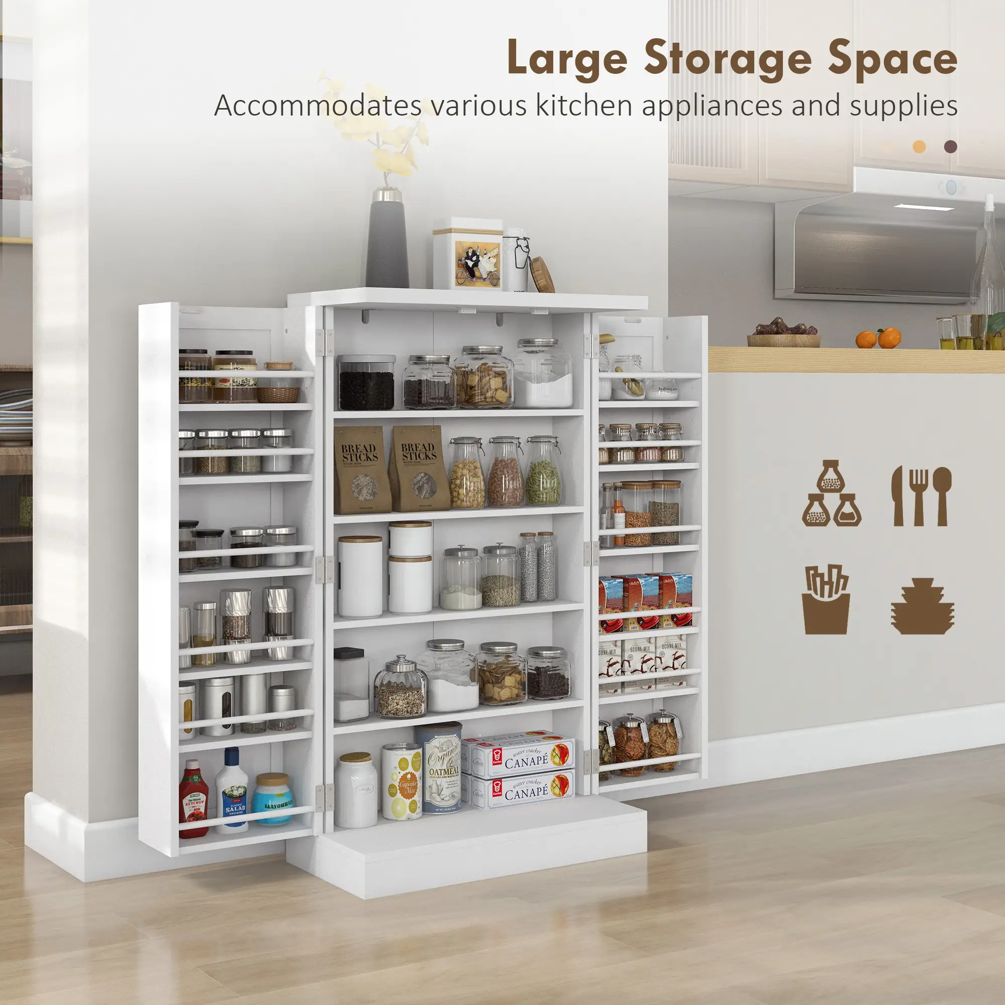 Freestanding Kitchen Pantry Cabinet, 5-Tier Shelf, 12 Spice Racks, Adjustable Shelves, White - Image 4