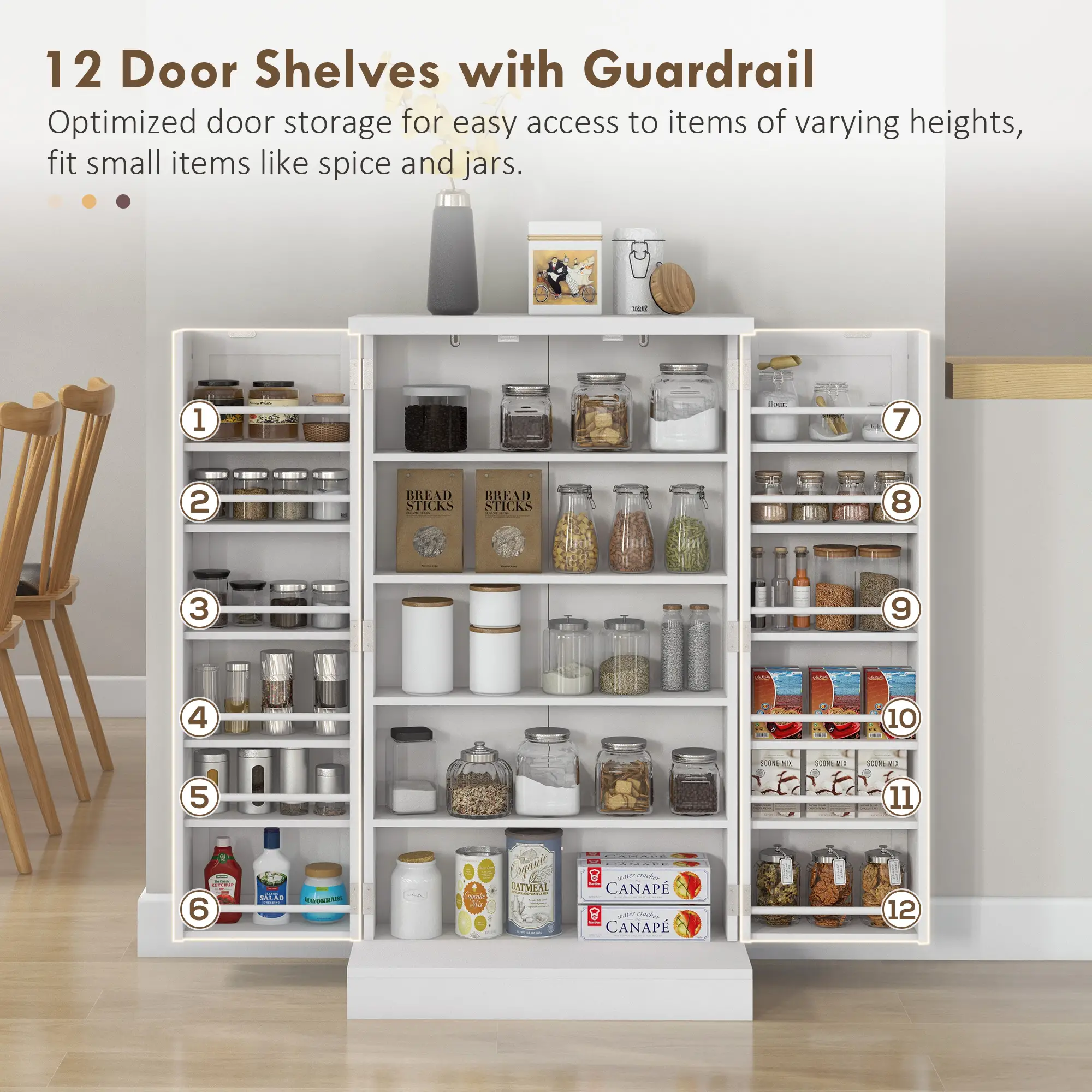 Freestanding Kitchen Pantry Cabinet, 5-Tier Shelf, 12 Spice Racks, Adjustable Shelves, White - Image 5