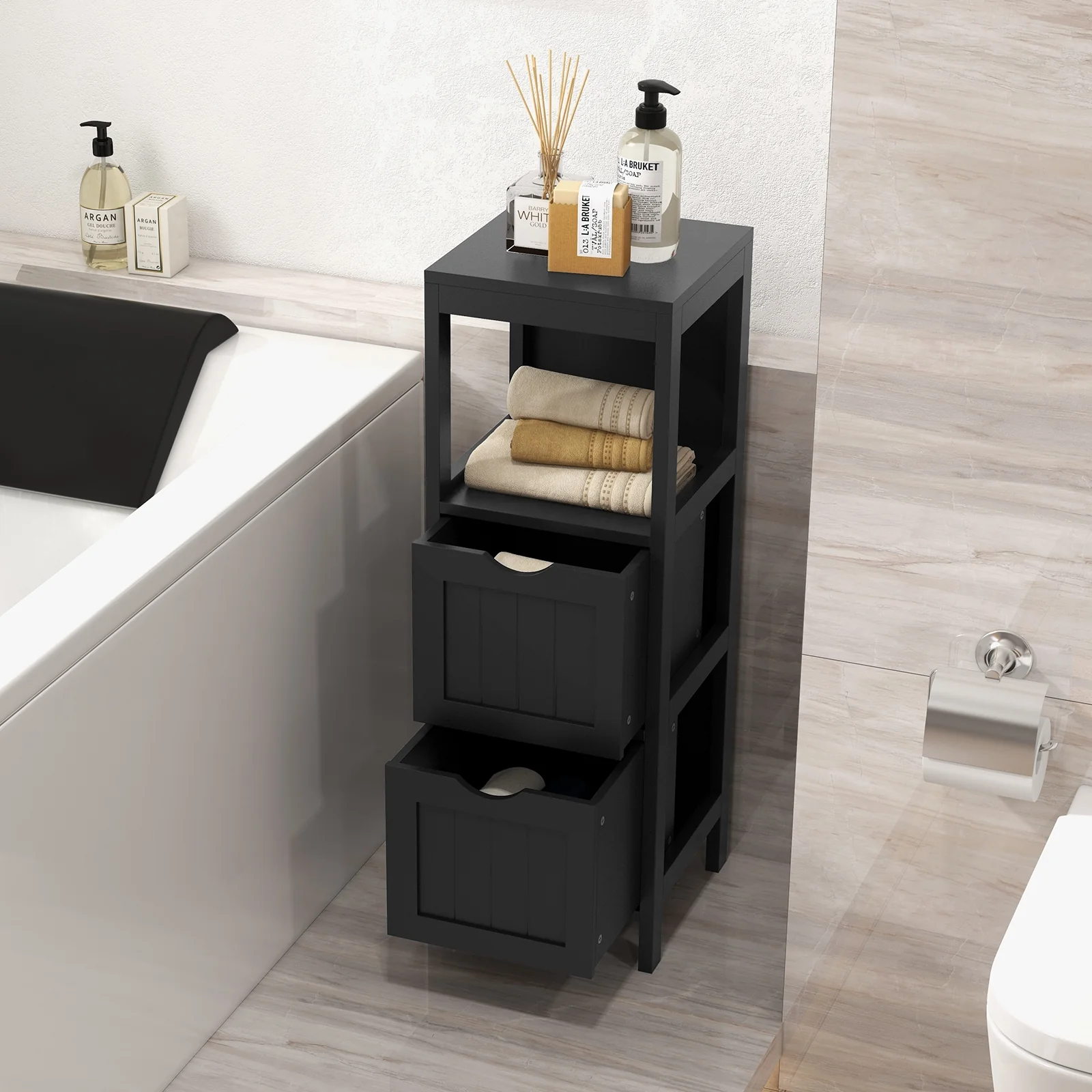 Freestanding Storage Cabinet, 2 Removable Drawers, Black - Image 3