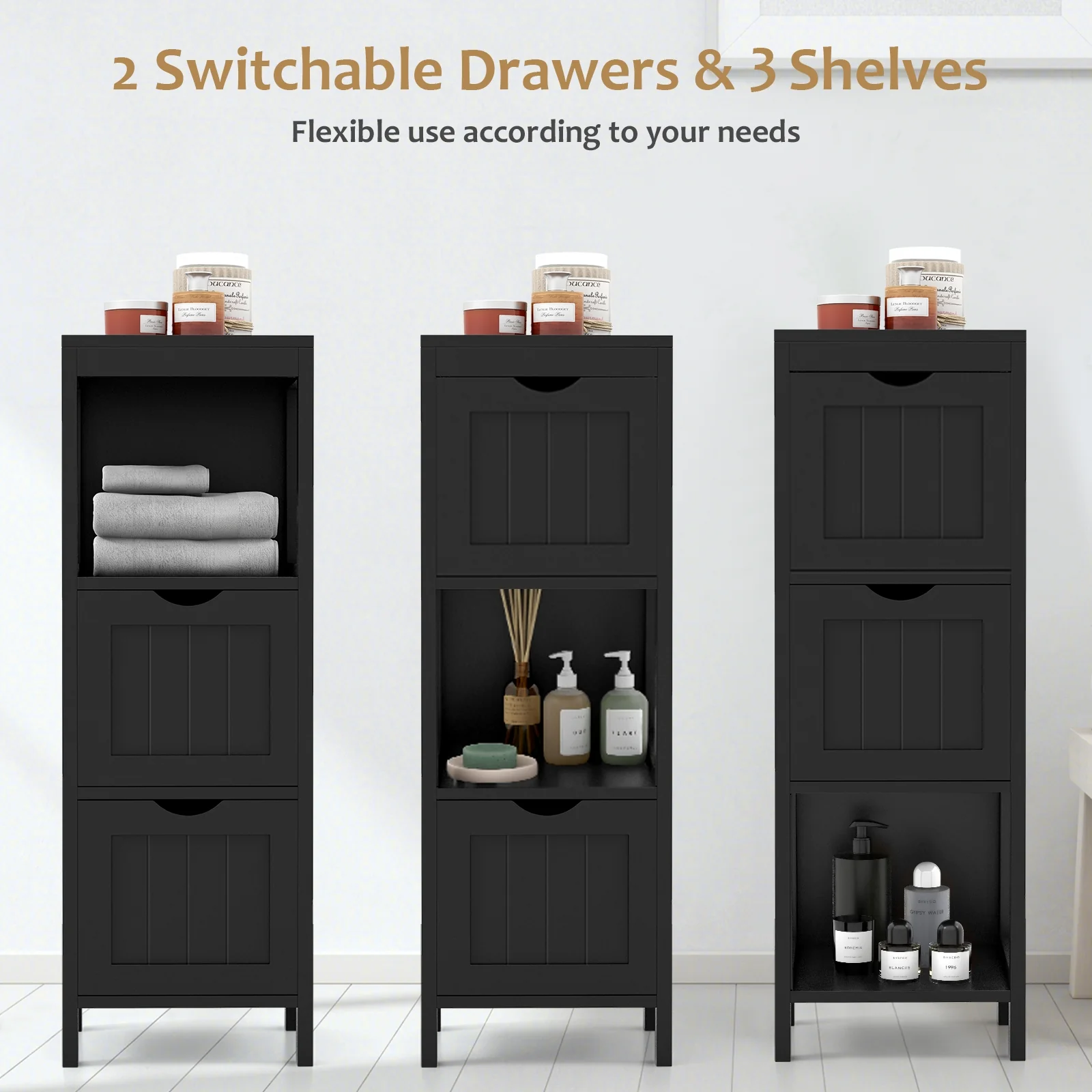 Freestanding Storage Cabinet, 2 Removable Drawers, Black - Image 9