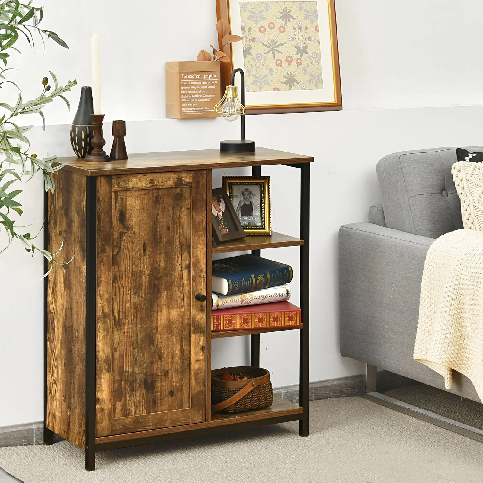 Freestanding Storage Cabinet, 3 Open Shelves With Doors, Rustic Brown - Image 2