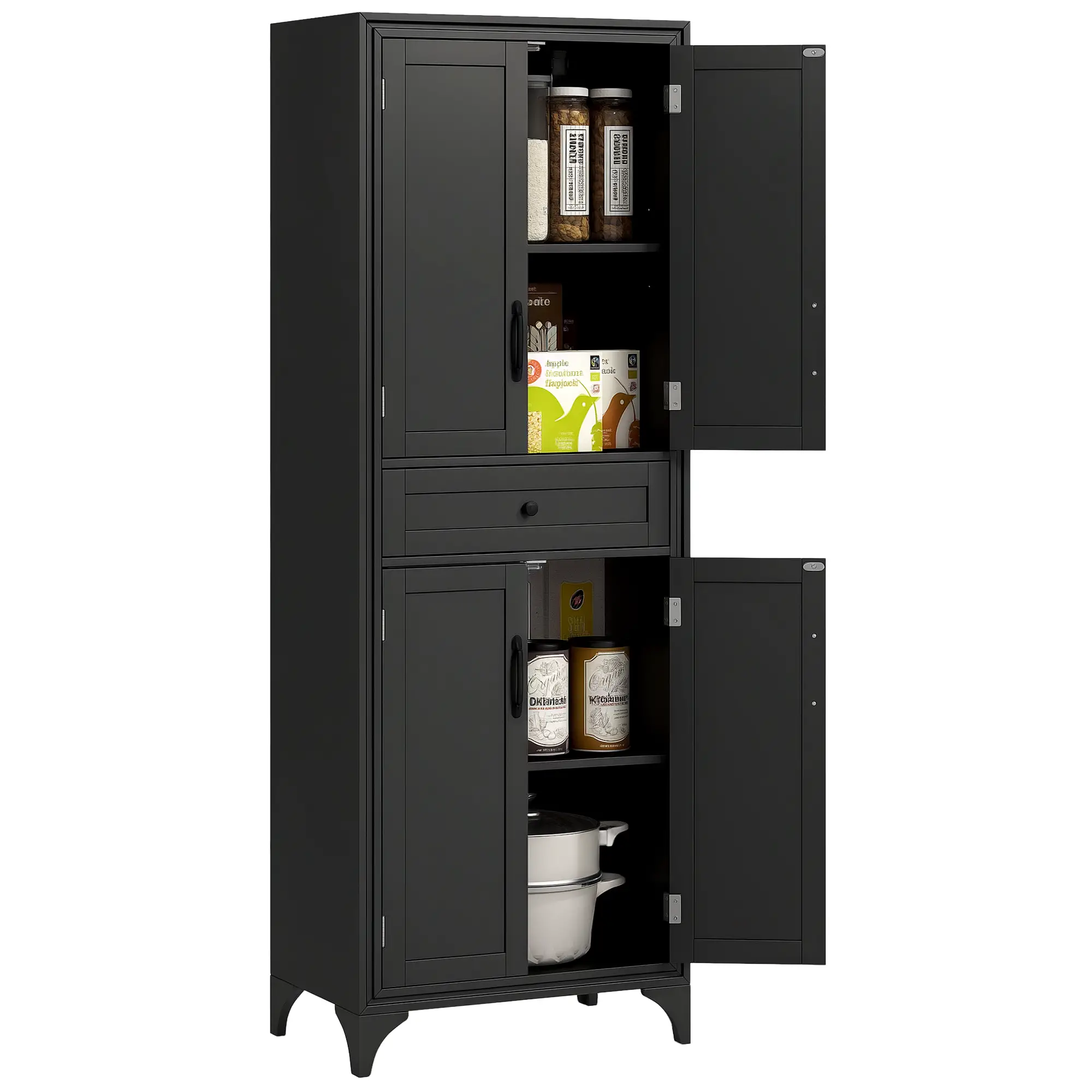 Freestanding Storage Cabinet, Kitchen Pantry, 2 Shelves, 4 Doors, Black - Image 11