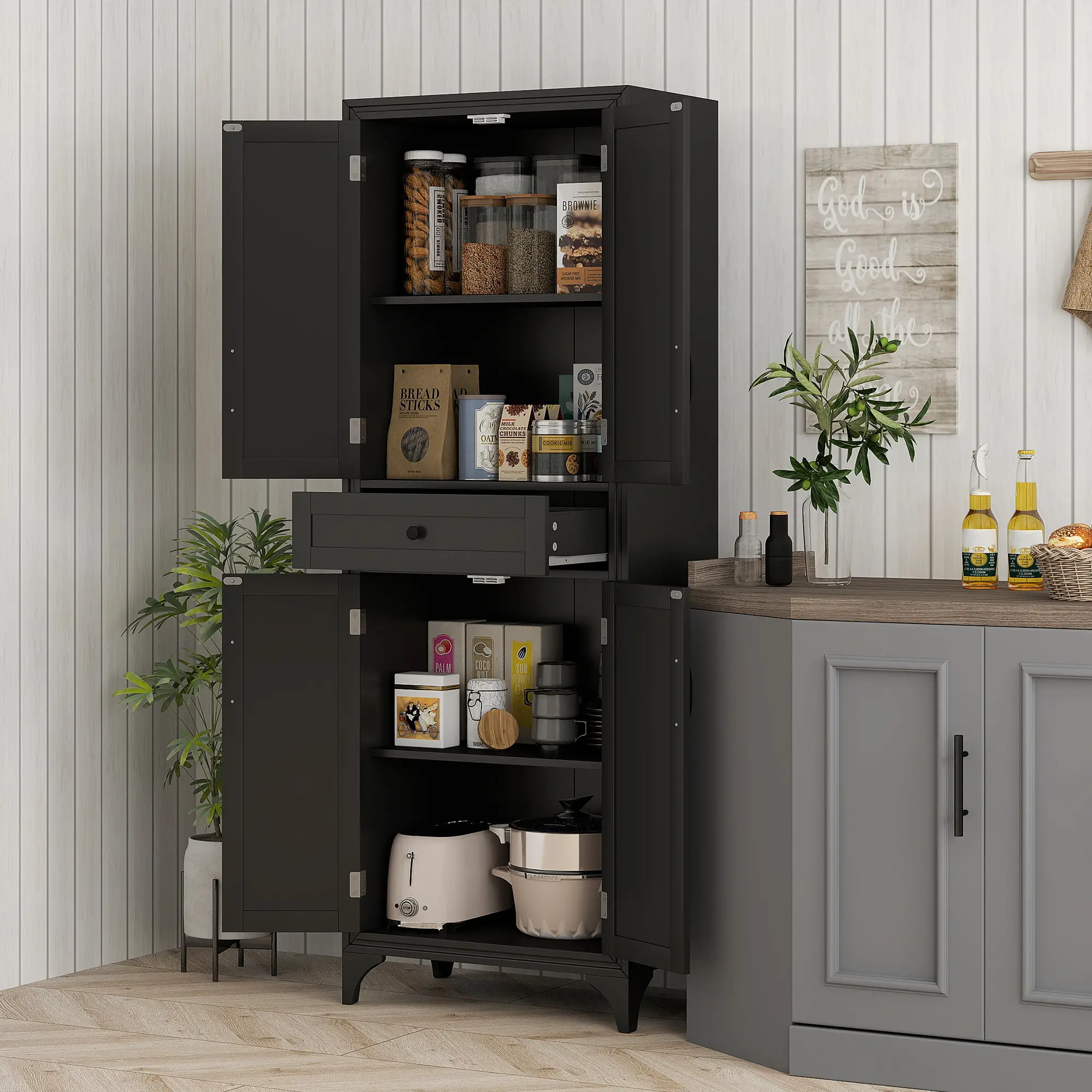 Freestanding Storage Cabinet, Kitchen Pantry, 2 Shelves, 4 Doors, Black - Image 2