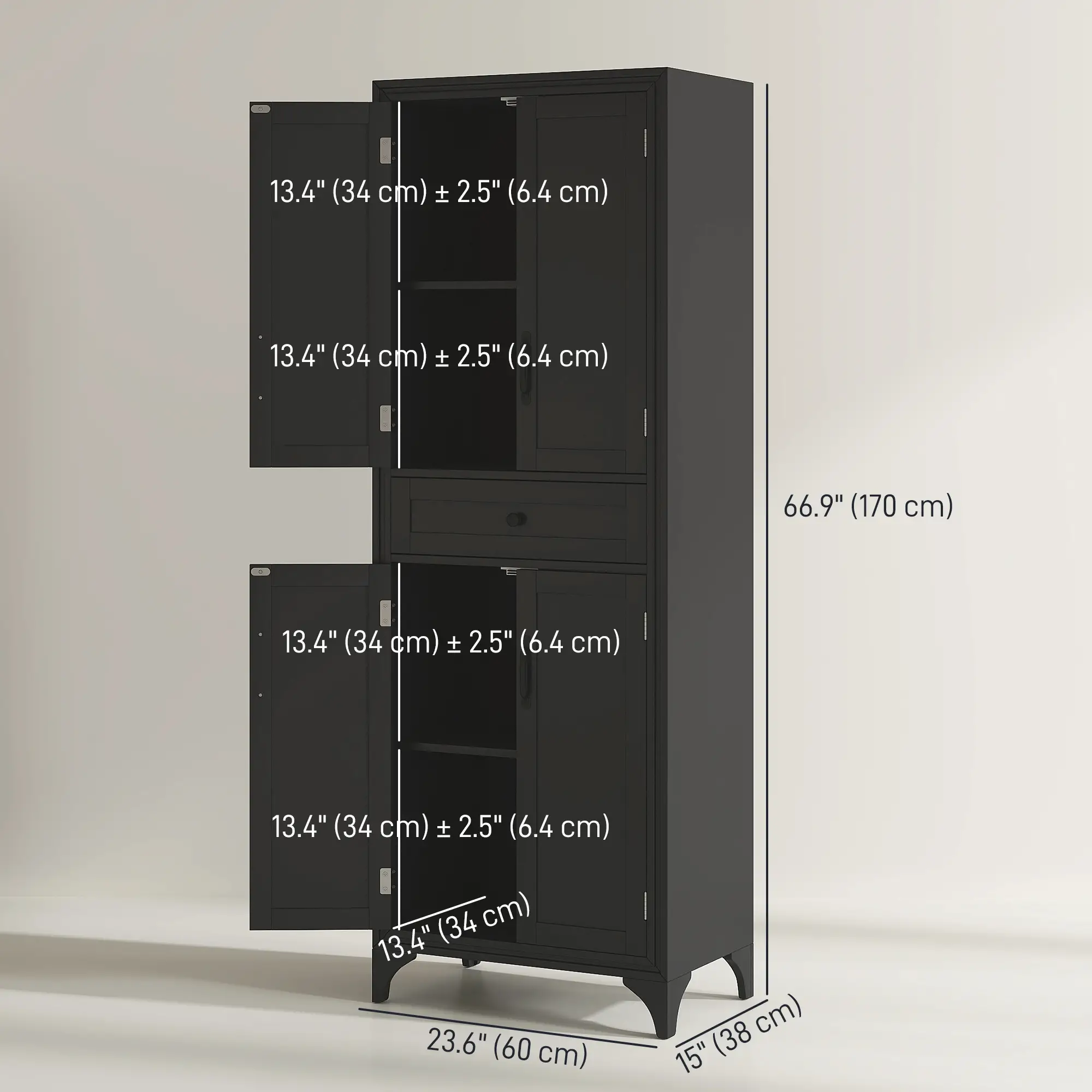Freestanding Storage Cabinet, Kitchen Pantry, 2 Shelves, 4 Doors, Black - Image 3