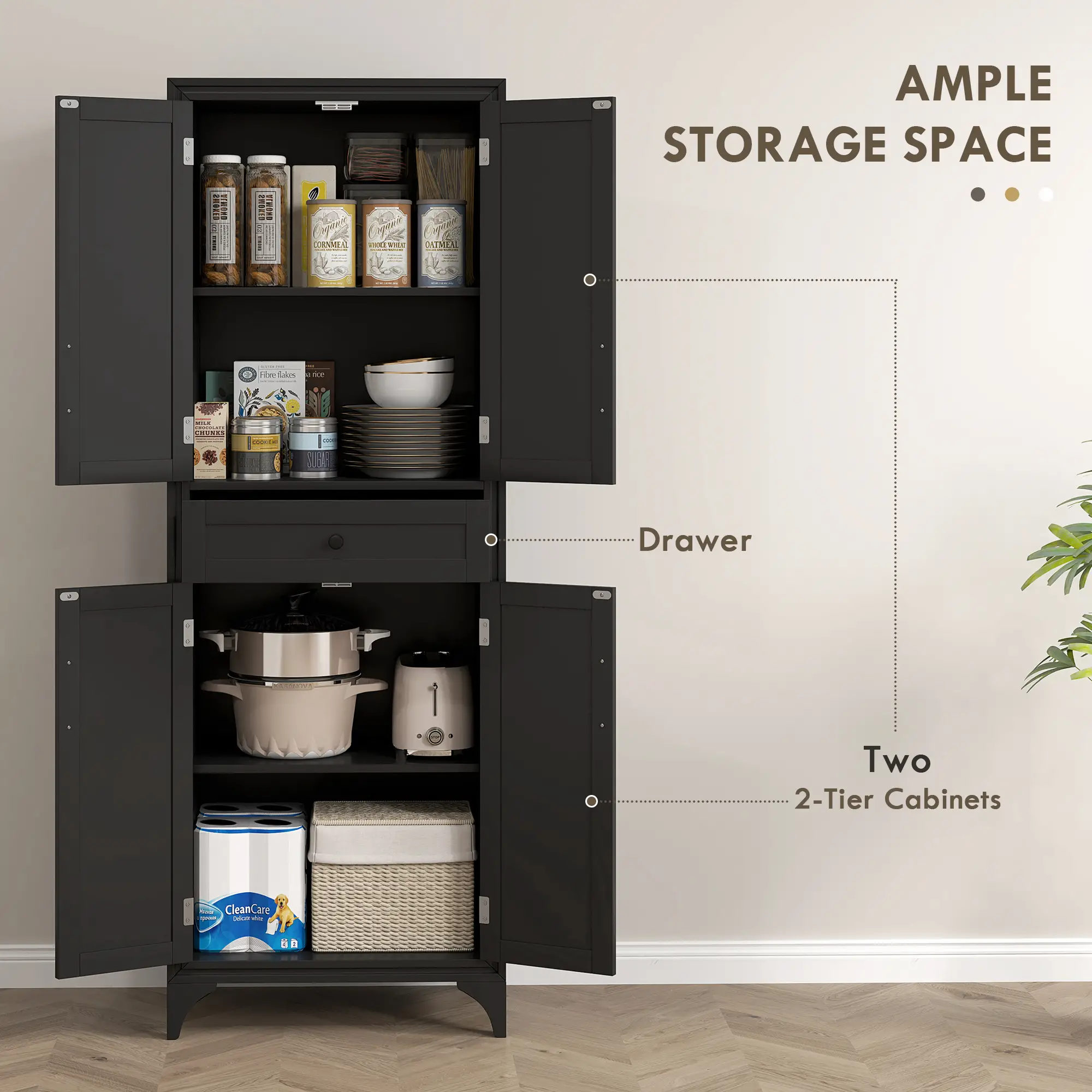 Freestanding Storage Cabinet, Kitchen Pantry, 2 Shelves, 4 Doors, Black - Image 4