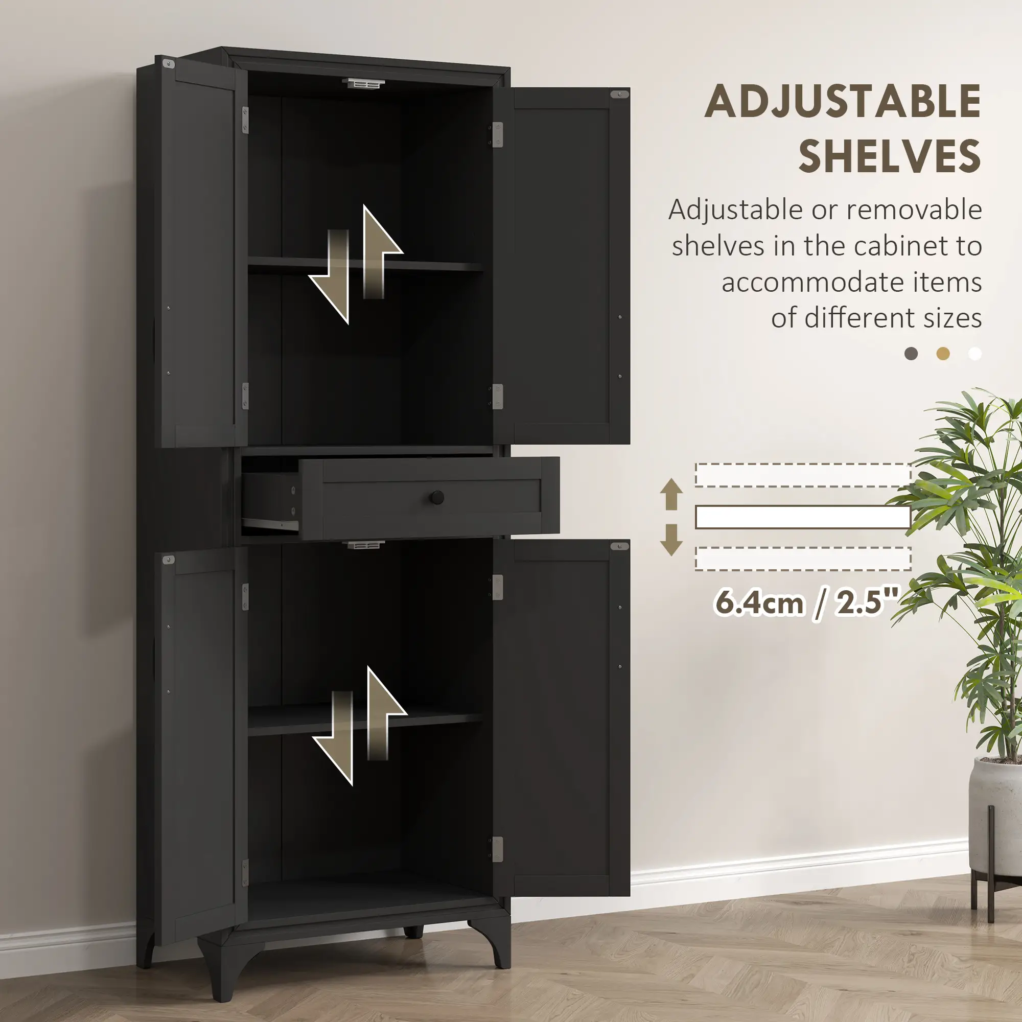 Freestanding Storage Cabinet, Kitchen Pantry, 2 Shelves, 4 Doors, Black - Image 5