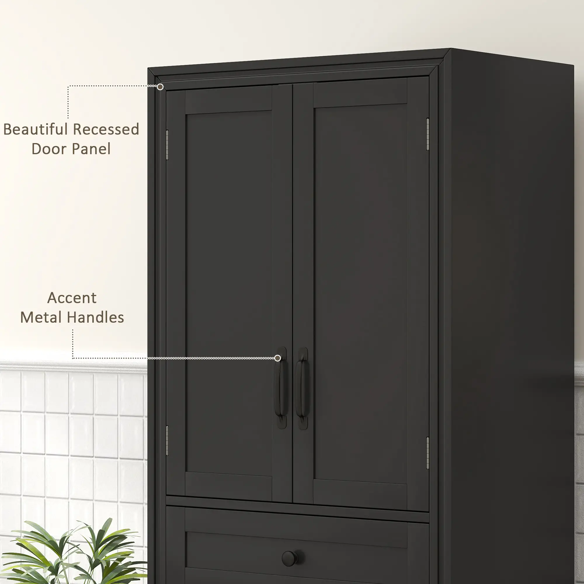 Freestanding Storage Cabinet, Kitchen Pantry, 2 Shelves, 4 Doors, Black - Image 7