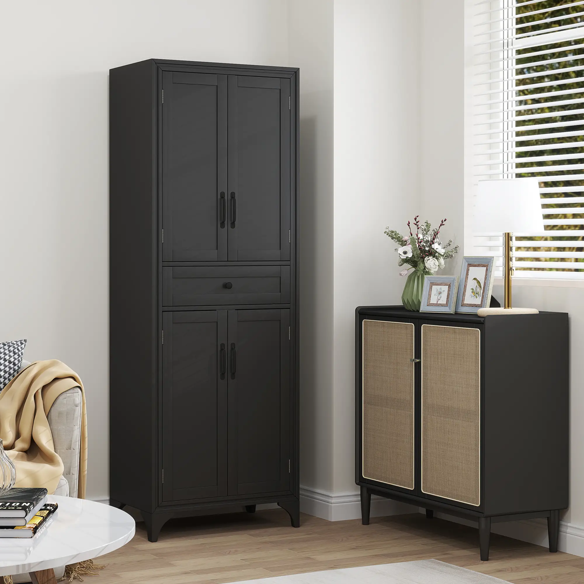 Freestanding Storage Cabinet, Kitchen Pantry, 2 Shelves, 4 Doors, Black - Image 9