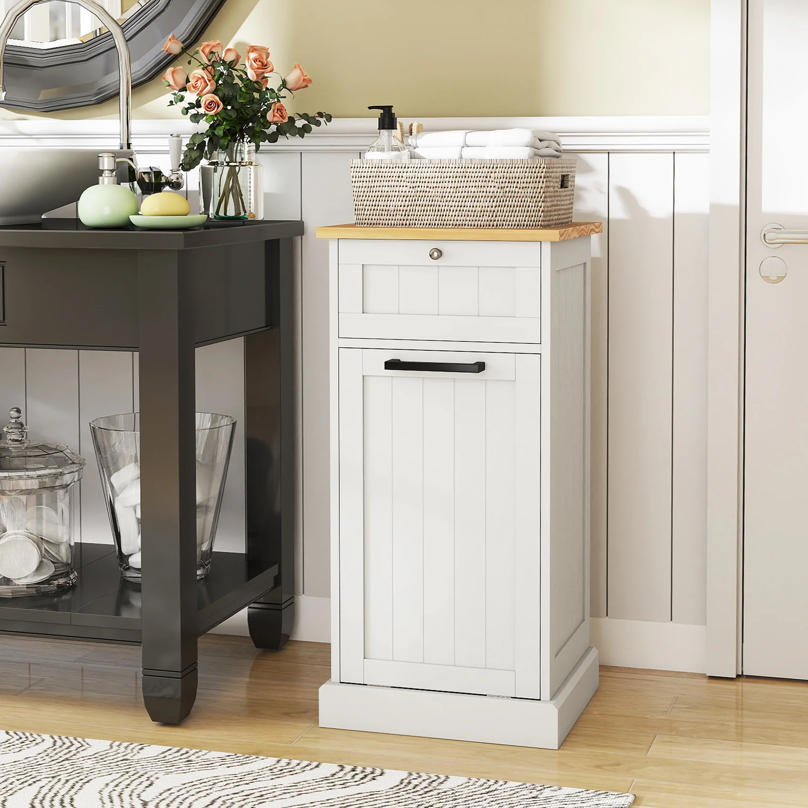 Freestanding Tilt Out Laundry Cabinet With Basket, White - Image 7