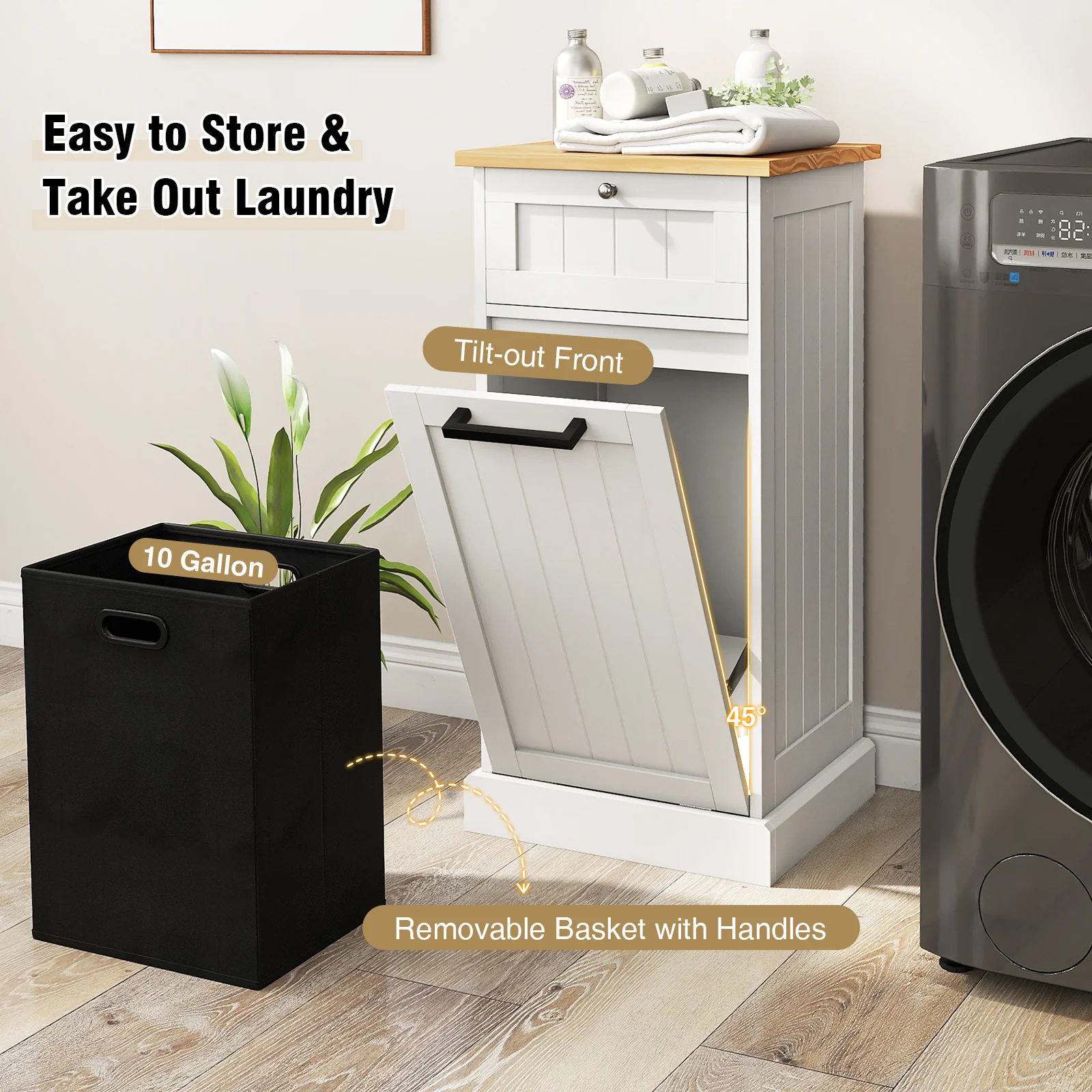 Freestanding Tilt Out Laundry Cabinet With Basket, White - Image 9